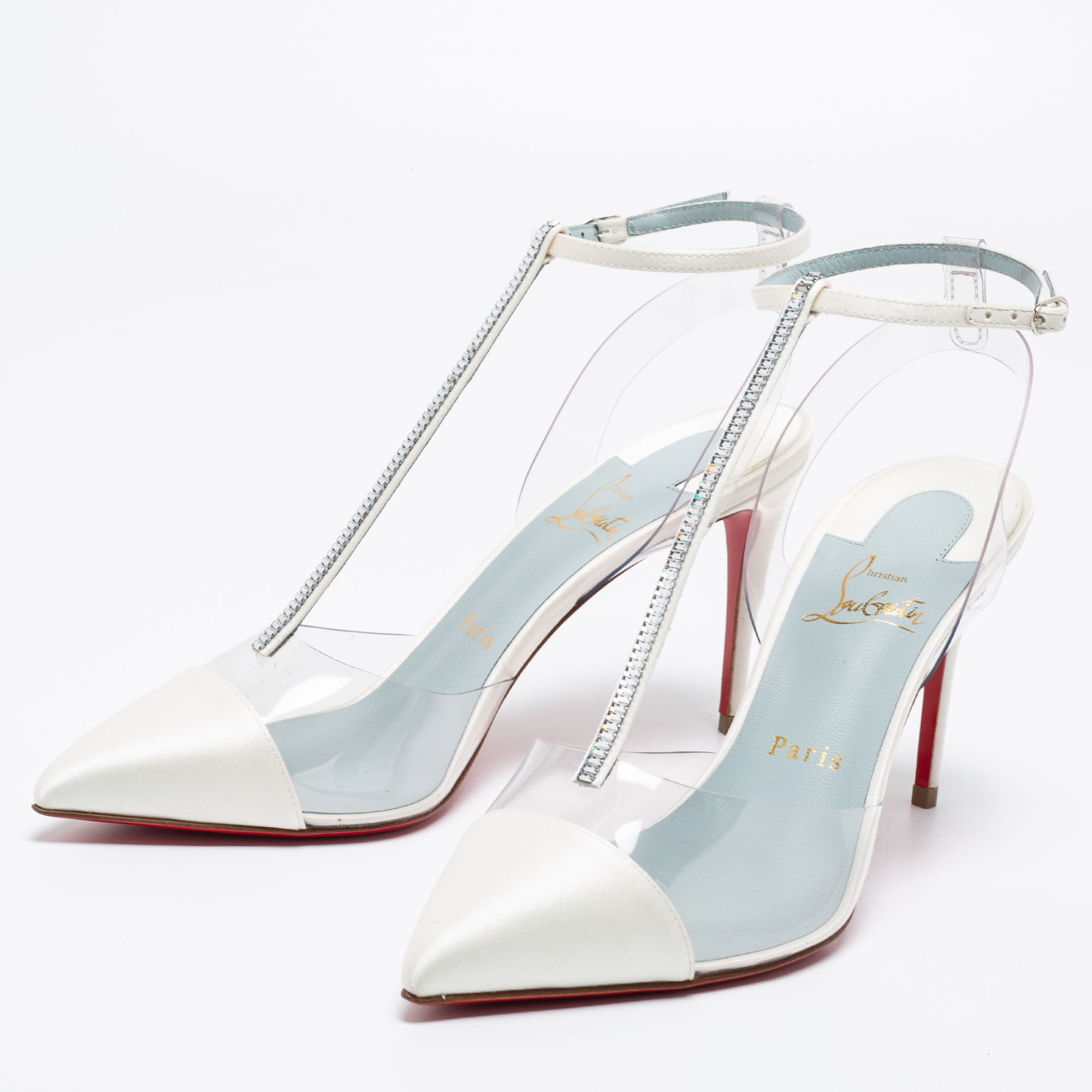 

Christian Louboutin White/Transparent Satin And PVC Crystal Embellished Nosy Strass T-Strap Sandals Size