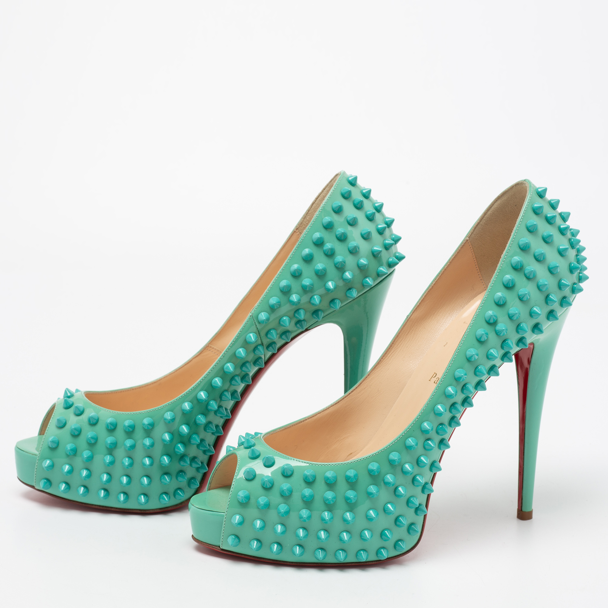 

Christian Louboutin Turquoise Patent Leather Very Prive Spikes Peep-Toe Pumps Size, Green