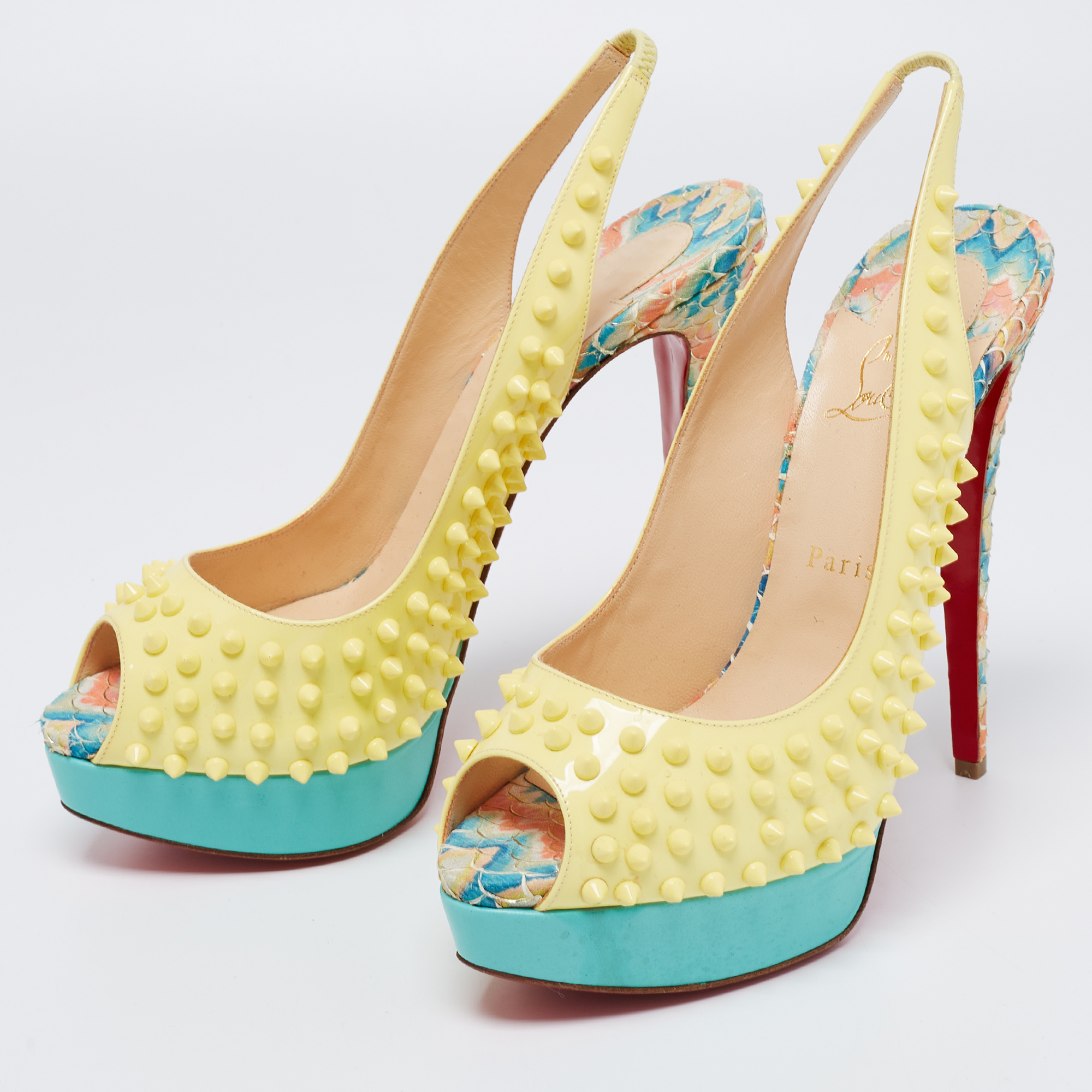 

Christian Louboutin Yellow/Blue Patent And Python Leather Lady Peep Spike Slingback Sandals Size