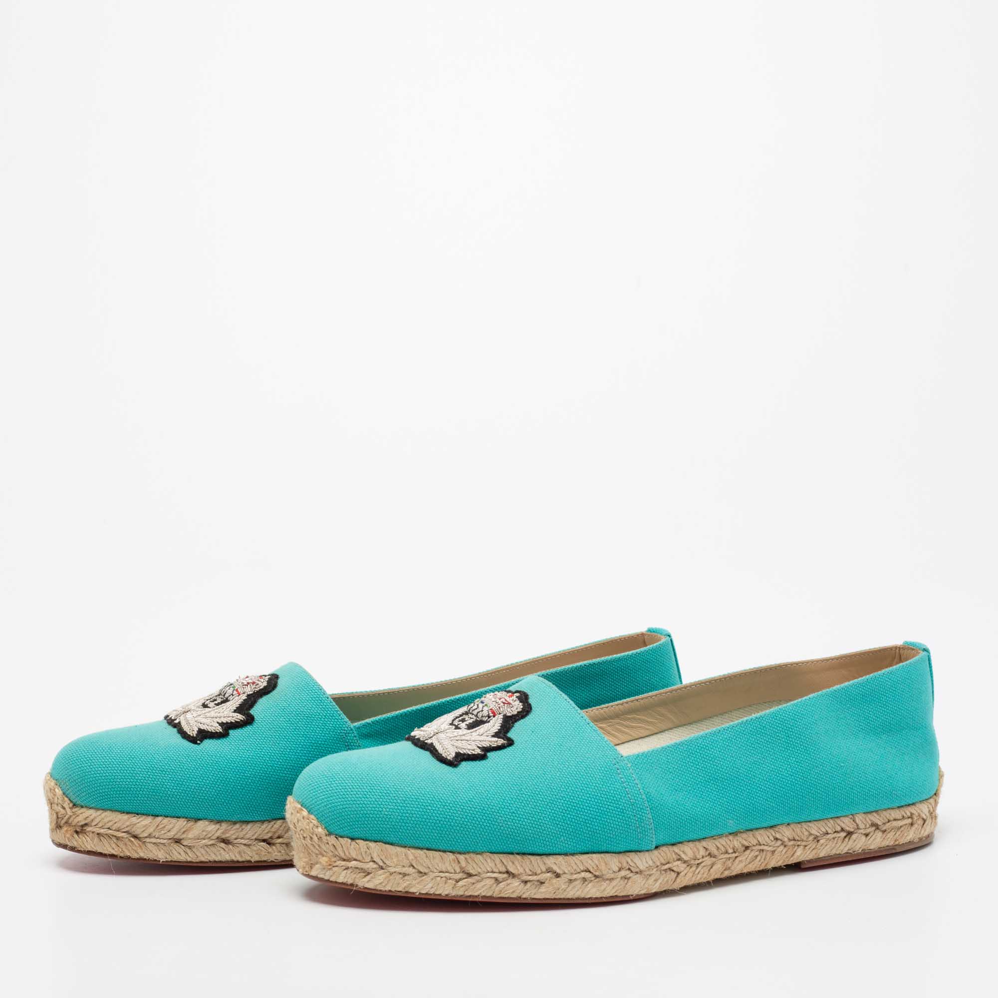 

Christian Louboutin Aqua Blue Canvas Gala Embroidered Crest Espadrille Loafers Size