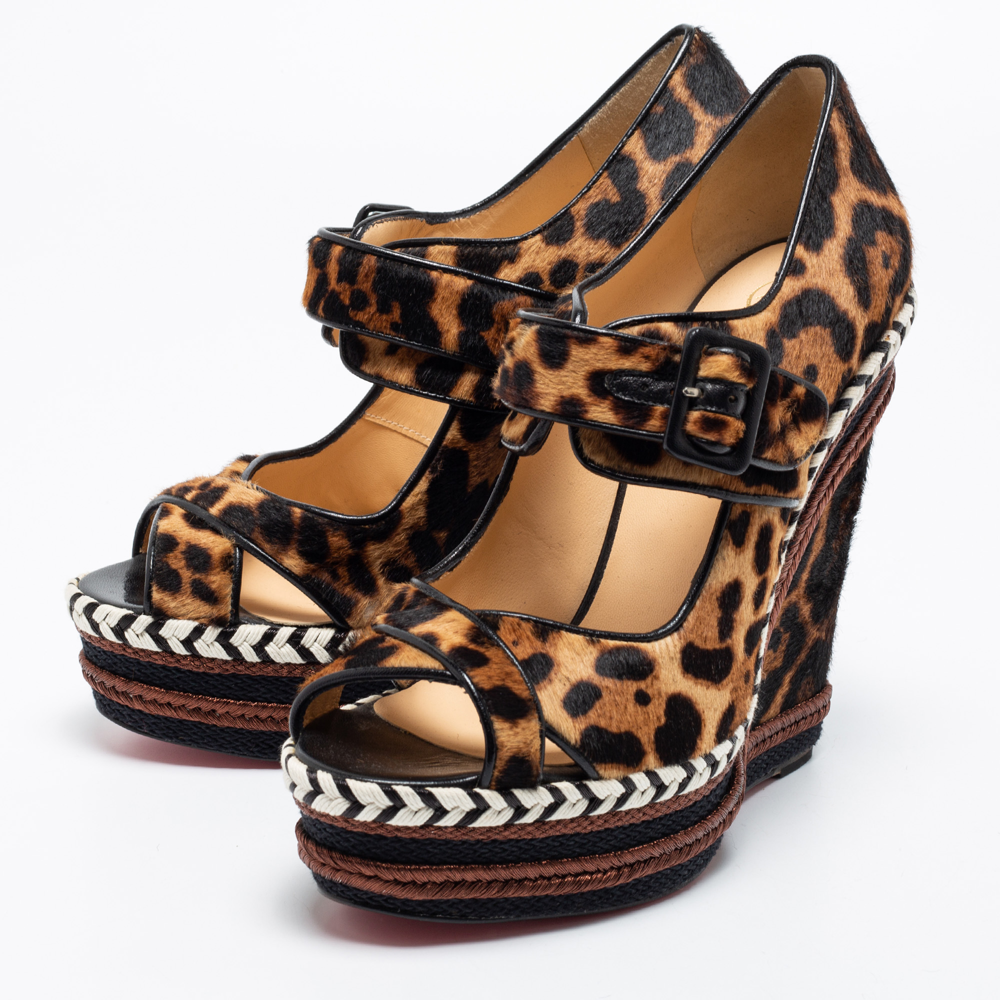 

Christian Louboutin Brown/Beige Leopard Print Calf Hair And Leather Melides Wedge Sandals Size