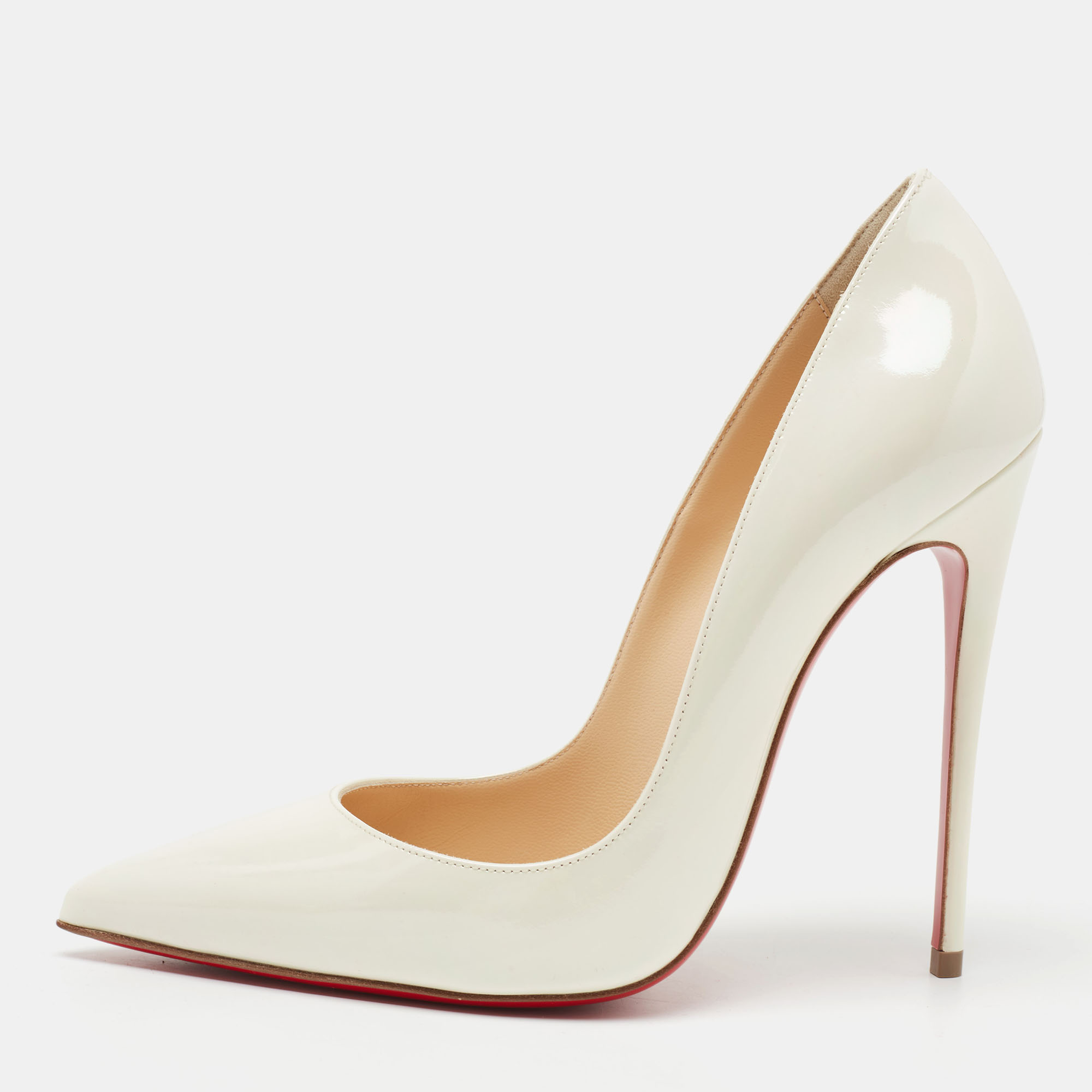 Pre Owned حذاء كعب عالي كريستيان لوبوتان سوكيت جلد أبيض متقزح لامع مقاس 37