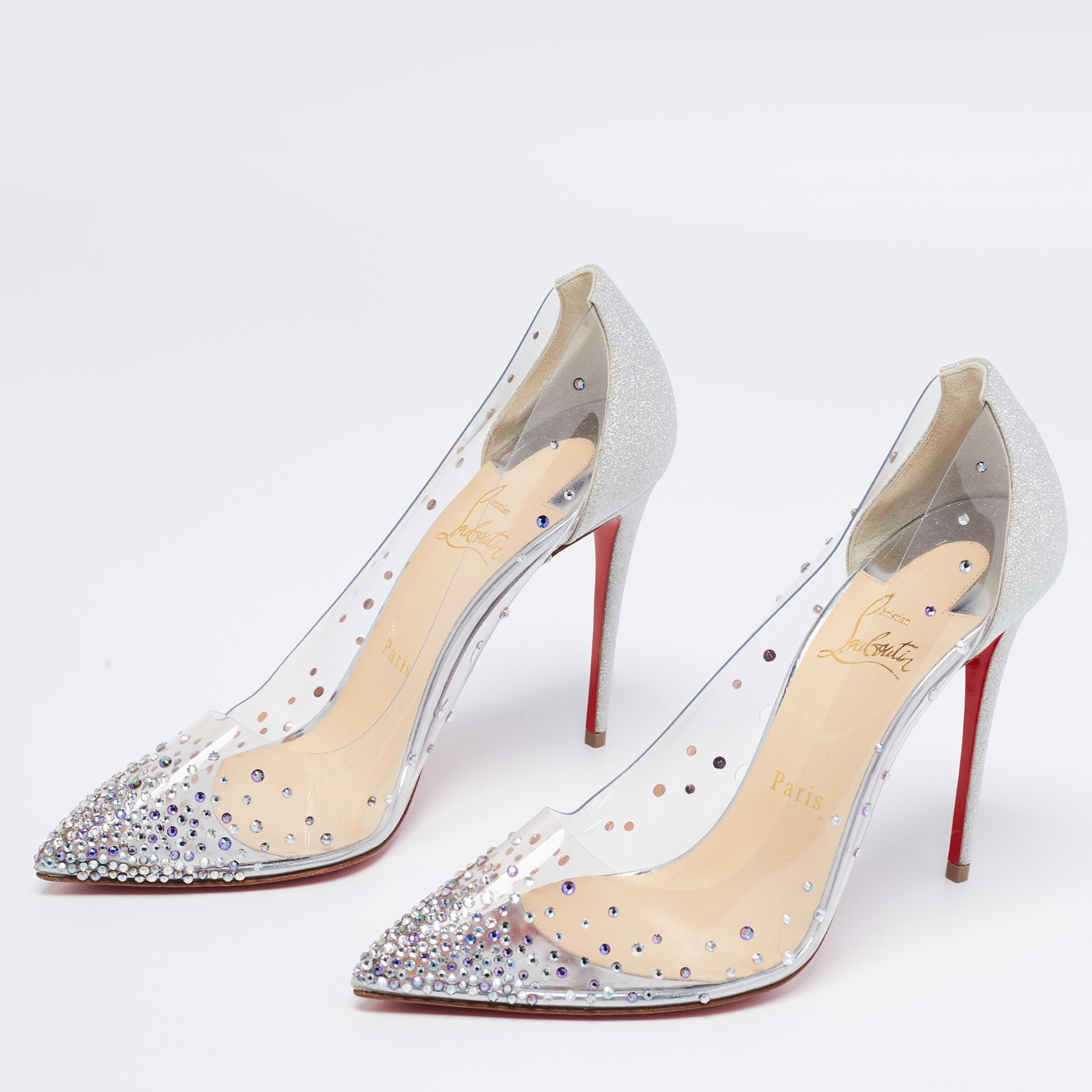 

Christian Louboutin Metallic Silver/Transparent Leather And PVC Degrastrass Crystal Embellished Pumps Size
