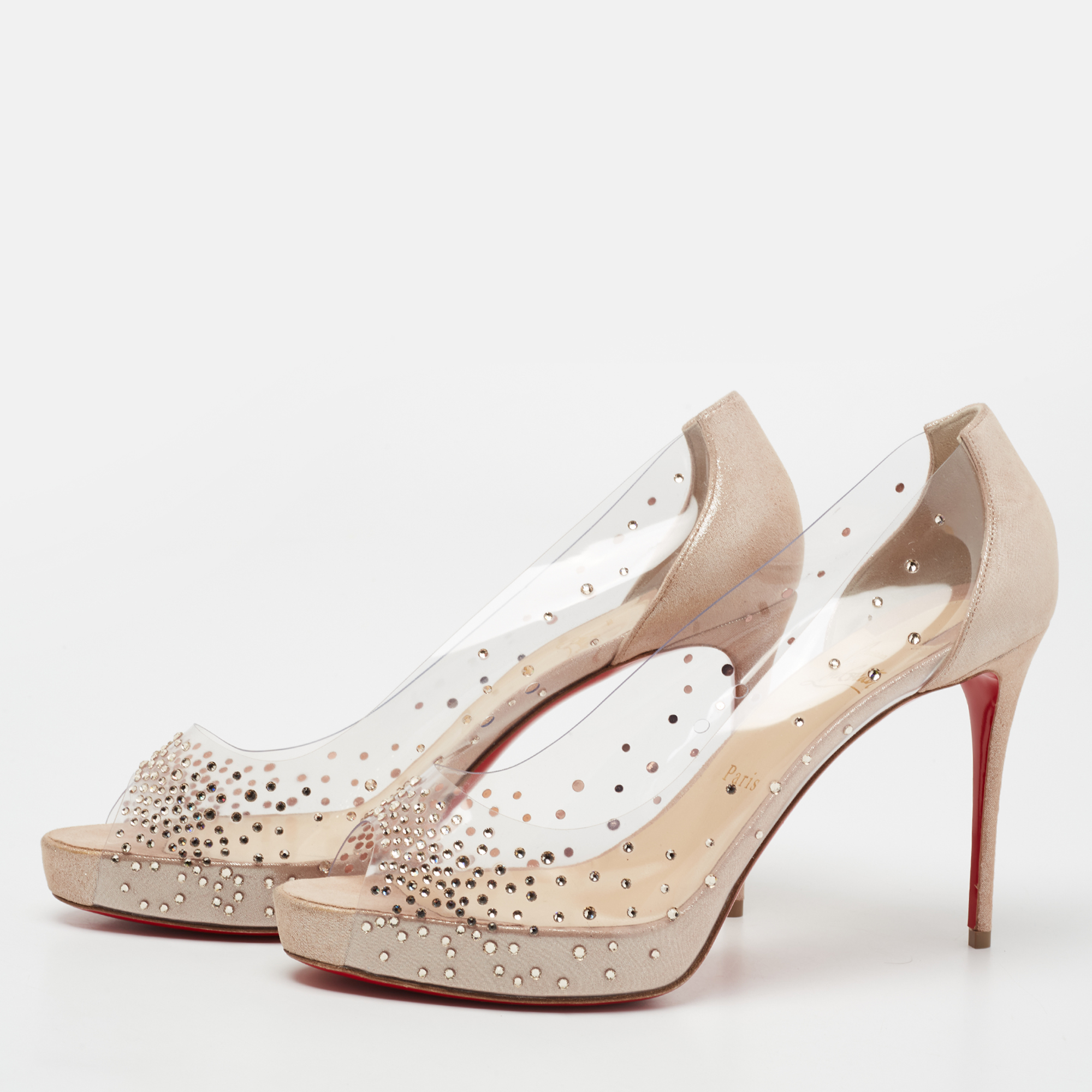 

Christian Louboutin Beige Shimmer Suede and PVC Very Strass Peep-Toe Pumps Size