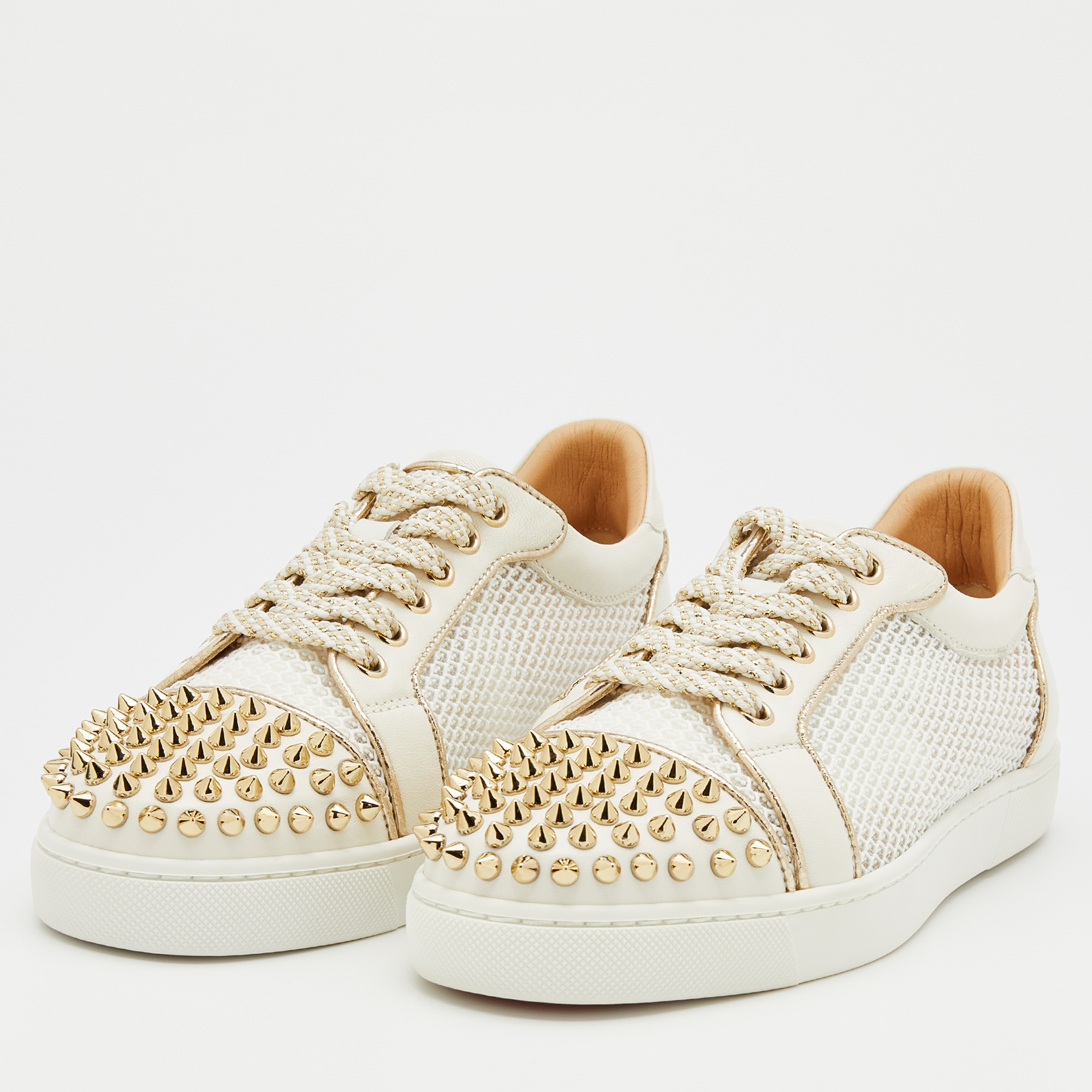 

Christian Louboutin White Mesh and Leather Vieira Spikes Low Top Sneakers Size