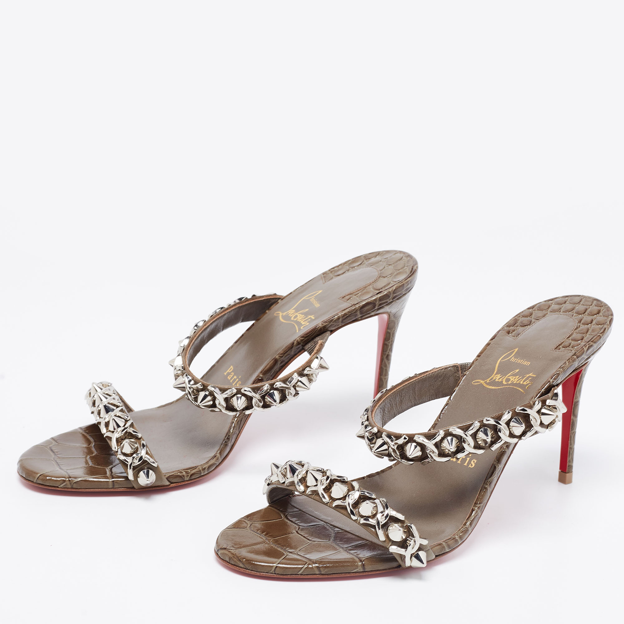 

Christian Louboutin Olive Green Crocodile Embossed Leather Just Chain Slide Sandals Size