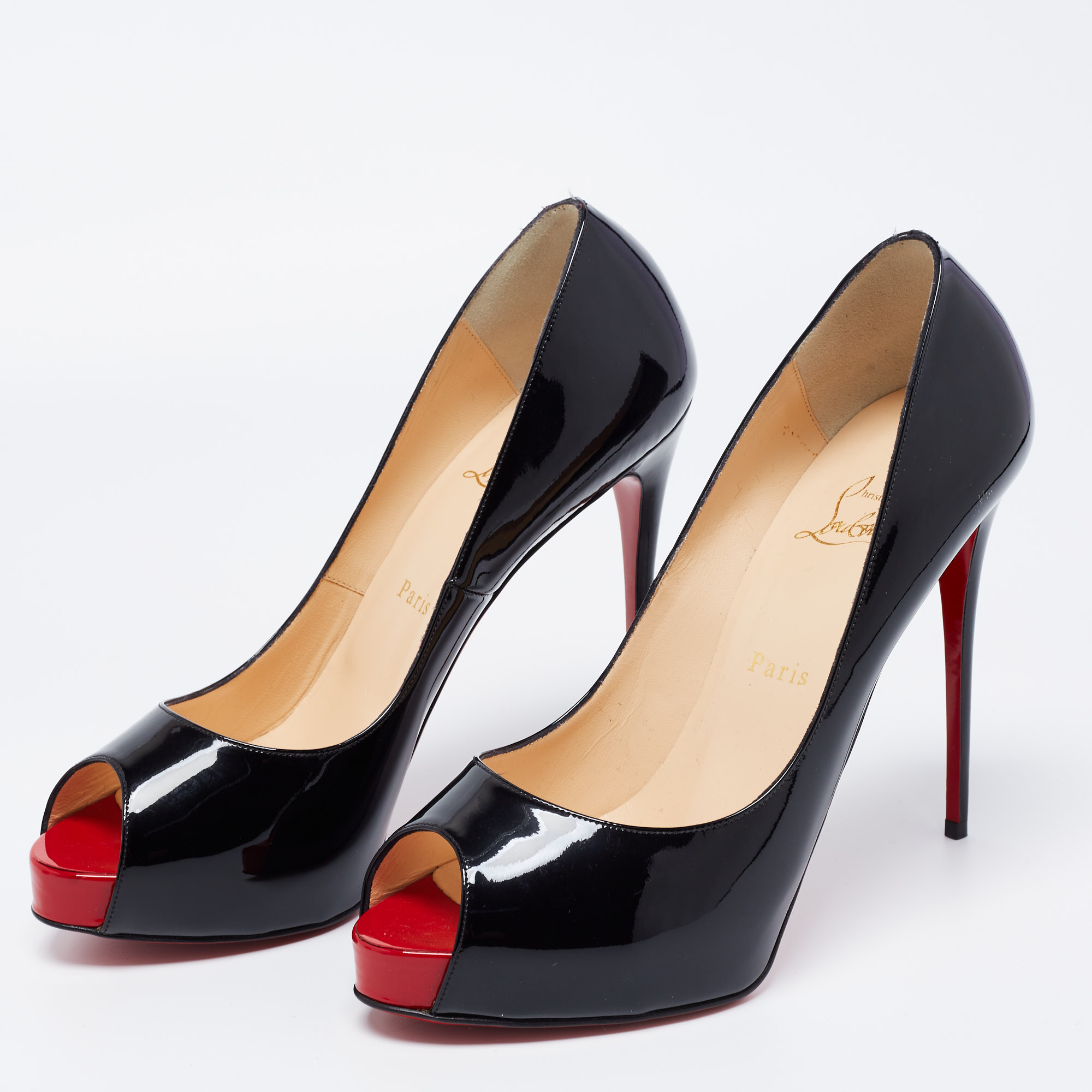 

Christian Louboutin Black Patent Leather New Very Prive Peep-Toe Pumps Size