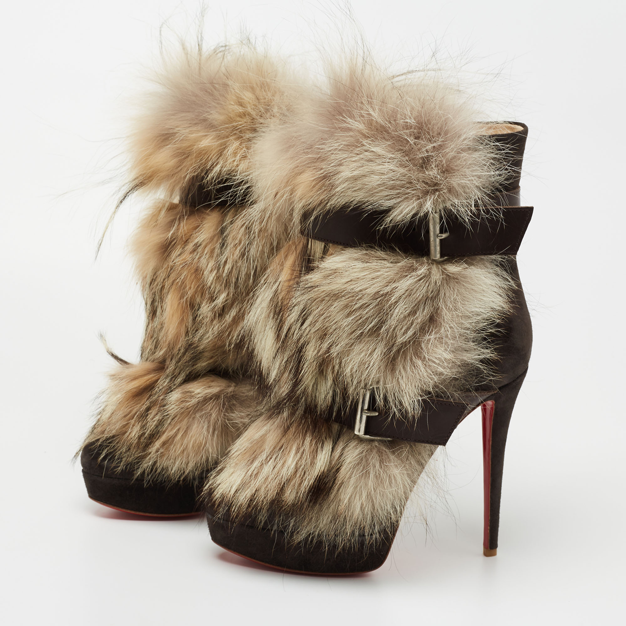 

Christian Louboutin Grey/Brown Leather and Fur Toundra Platform Ankle Boots Size