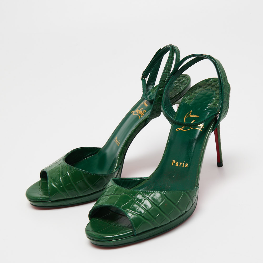 

Christian Louboutin Green Croc Embossed Leather Loubiloo Ankle Strap Sandals Size