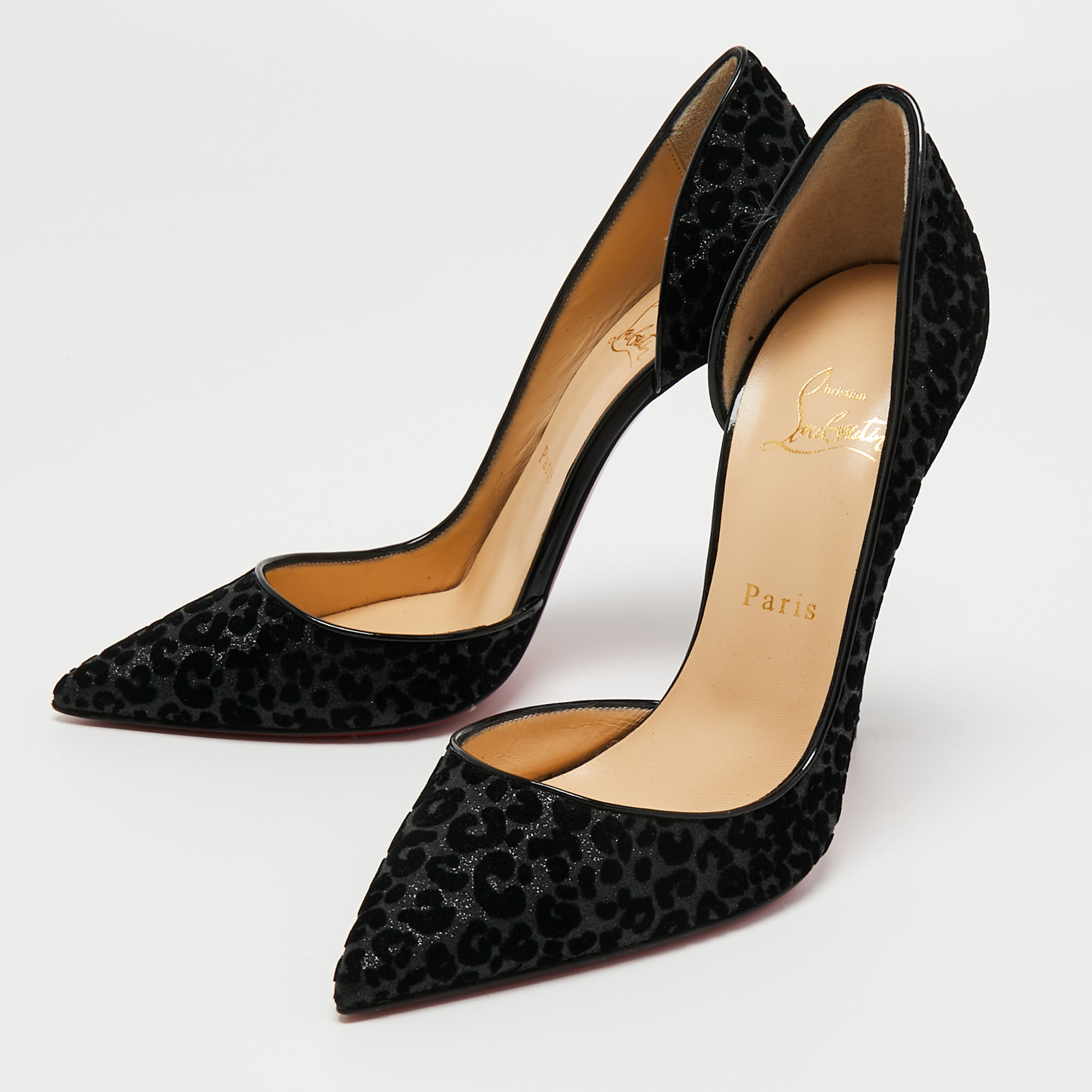 

Christian Louboutin Black Leopard Print Glitter and Velvet Iriza Pumps Size