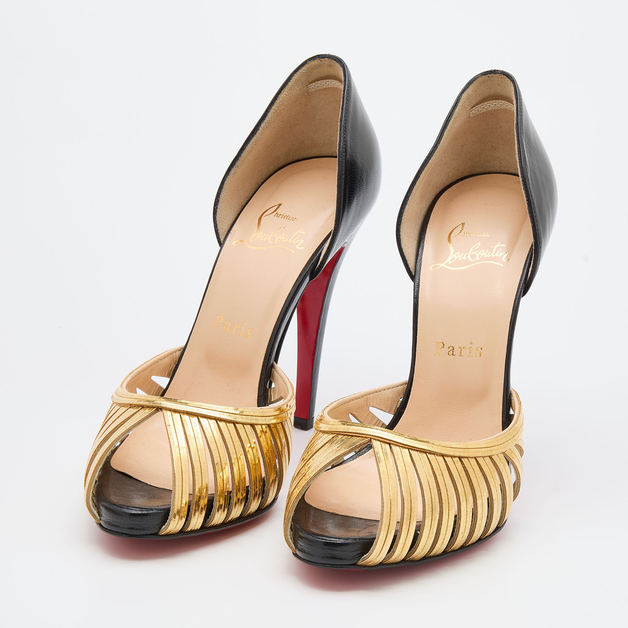 

Christian Louboutin Black/Gold Leather and Metal Corpus Peep Toe Pumps Size