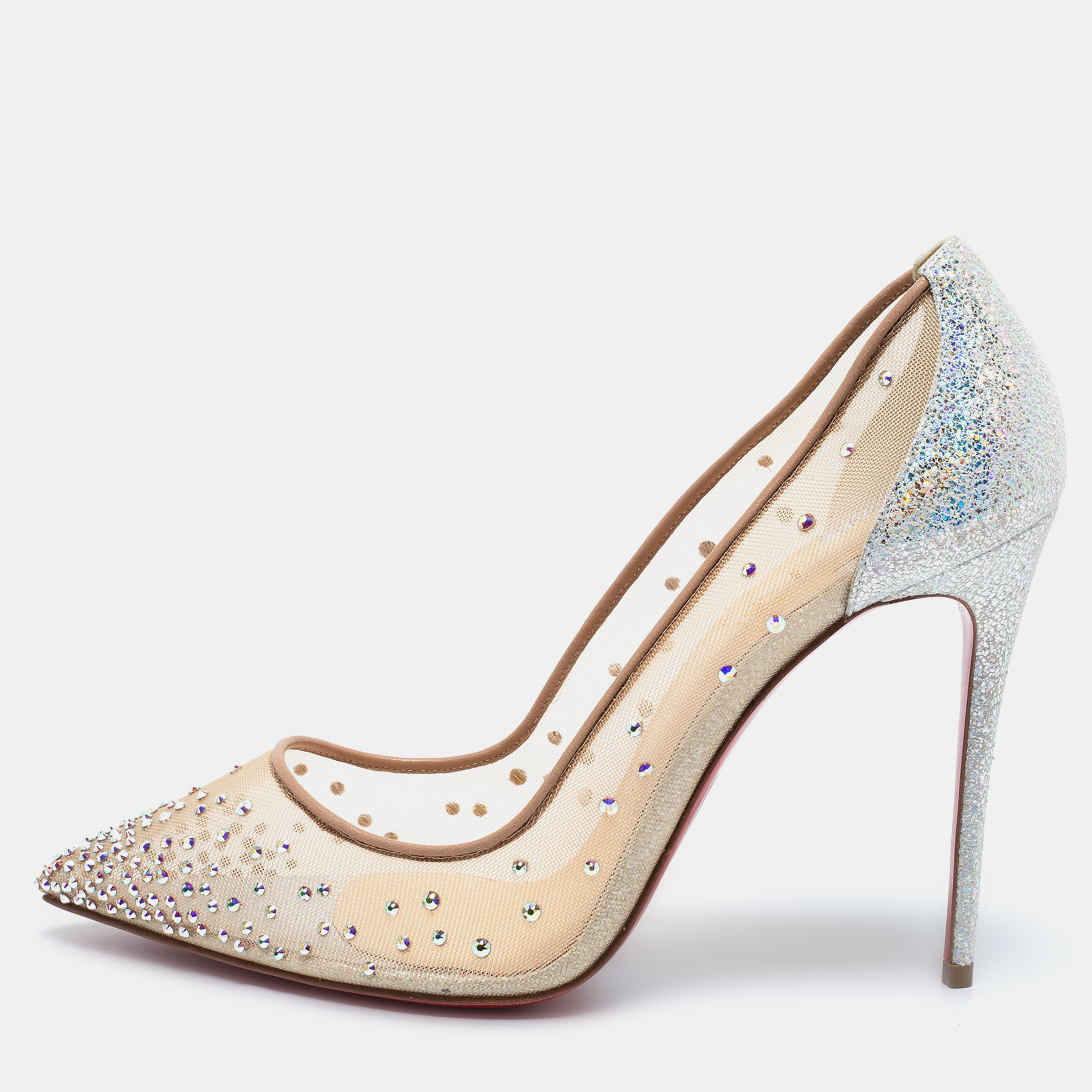 Pre Owned Christian Louboutin Beige/Silver Mesh and Leather Follies Strass Pumps Size 38.5