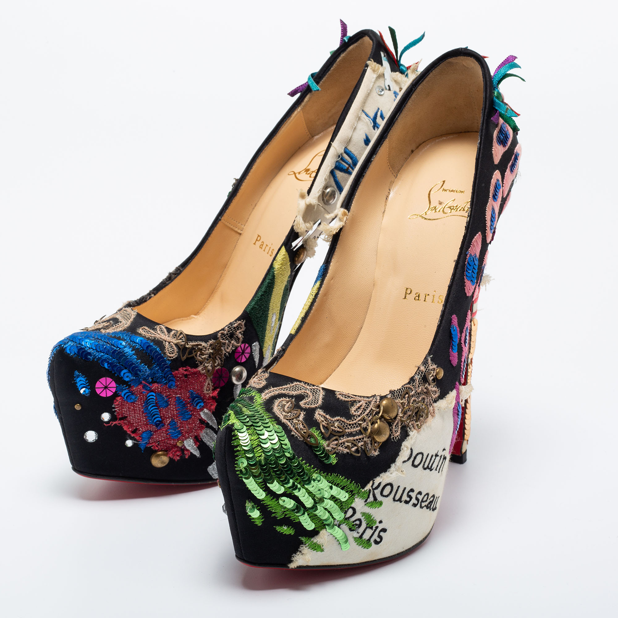 

Christian Louboutin Multicolor Satin and Canvas Daffodile 160 Brodee Crepe Pumps Size
