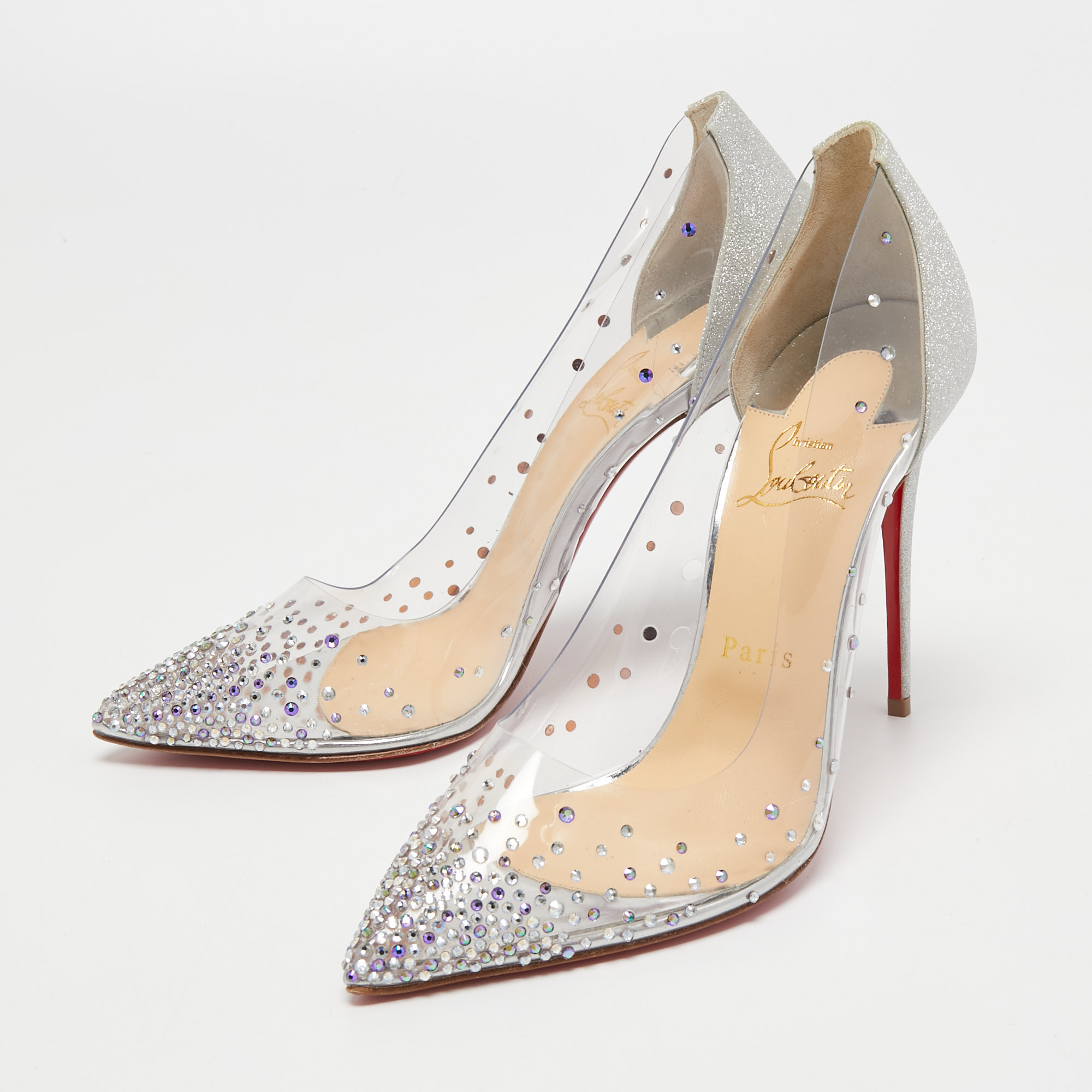 

Christian Louboutin Silver Glitter and PVC Degrastrass Pumps Size