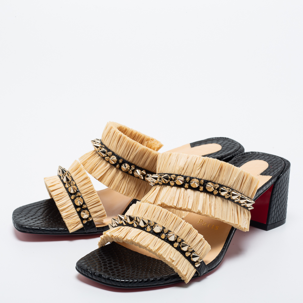 

Christian Louboutin Beige/Black Raffia and Spiked Leather Marivodu Slide Sandals Size
