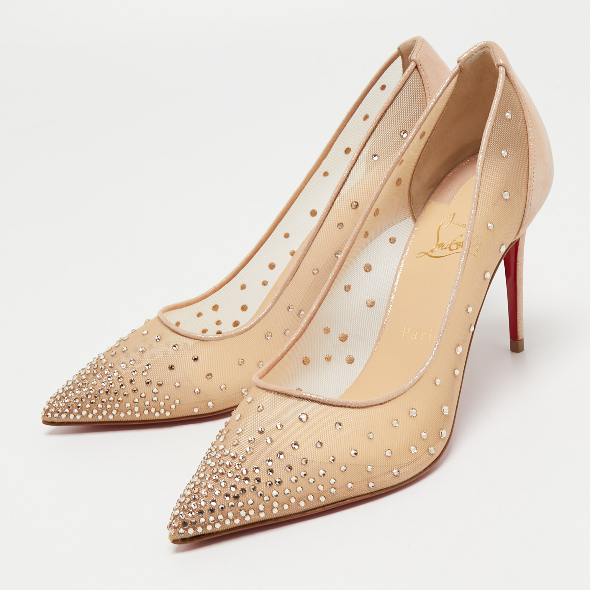 

Christian Louboutin Light Pink Mesh and Laminated Suede Follies Strass Pumps Size