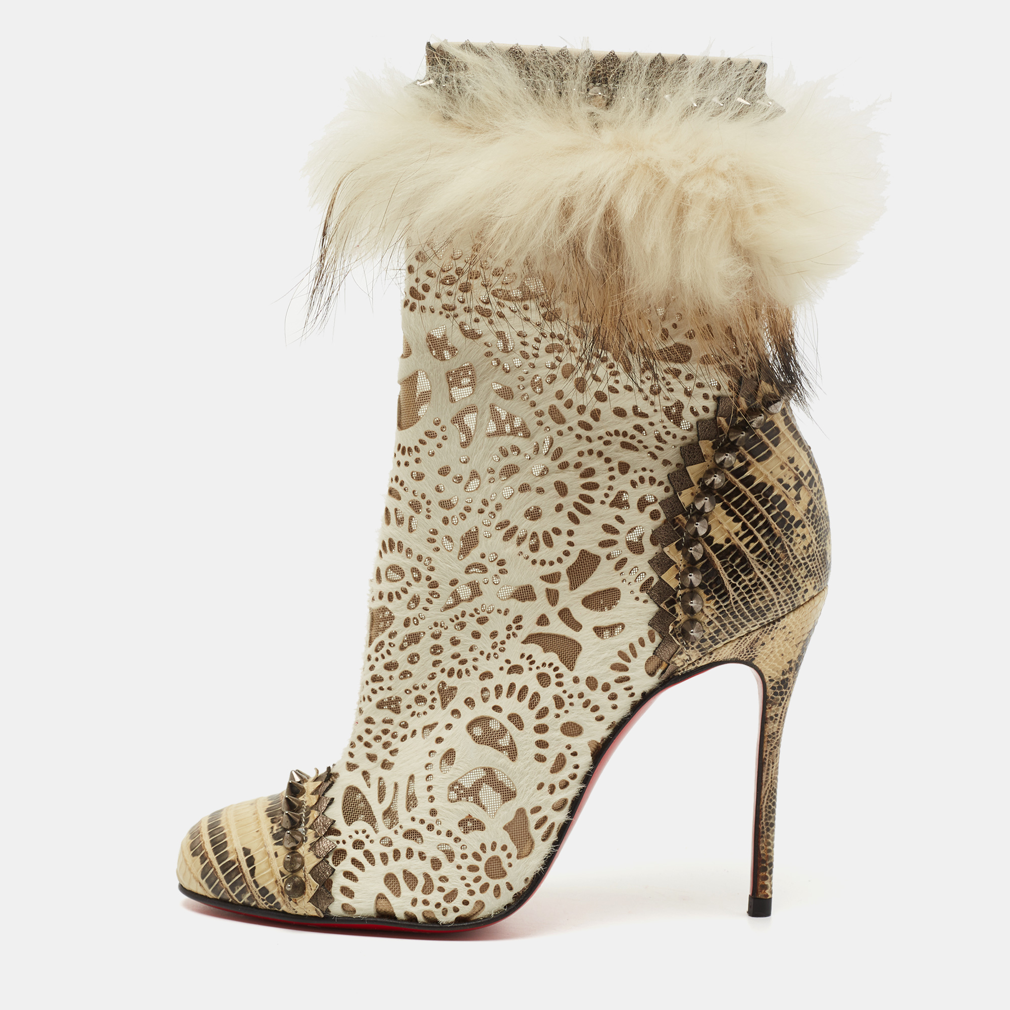 Pre-owned Christian Louboutin Beige/cream Calf Hair And Fox Fur Ankle Boots Size 36