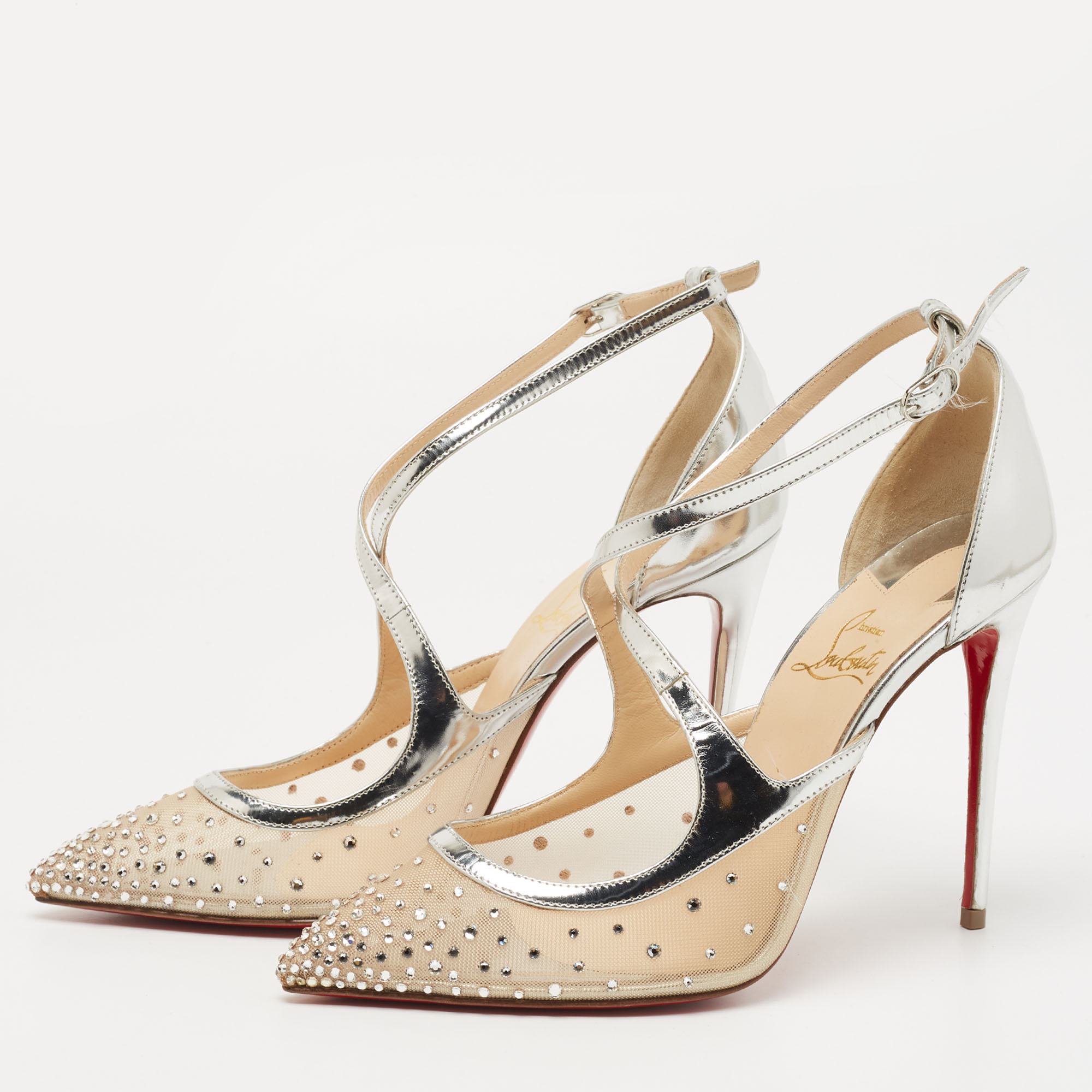 

Christian Louboutin Silver Leather and Mesh Twistissima Strass Pumps Size