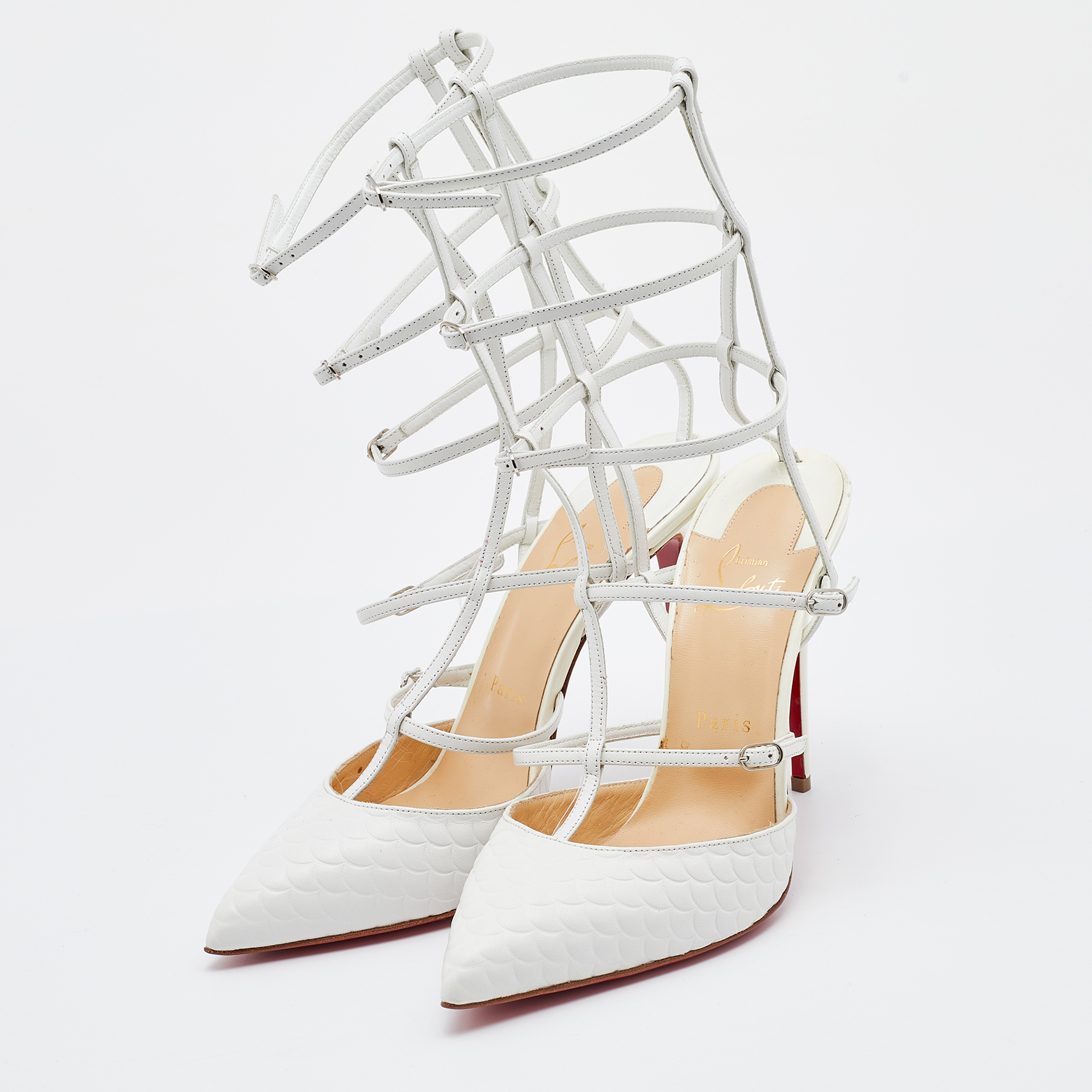 

Christian Louboutin White Leather Kadreyana Cage Pumps Size