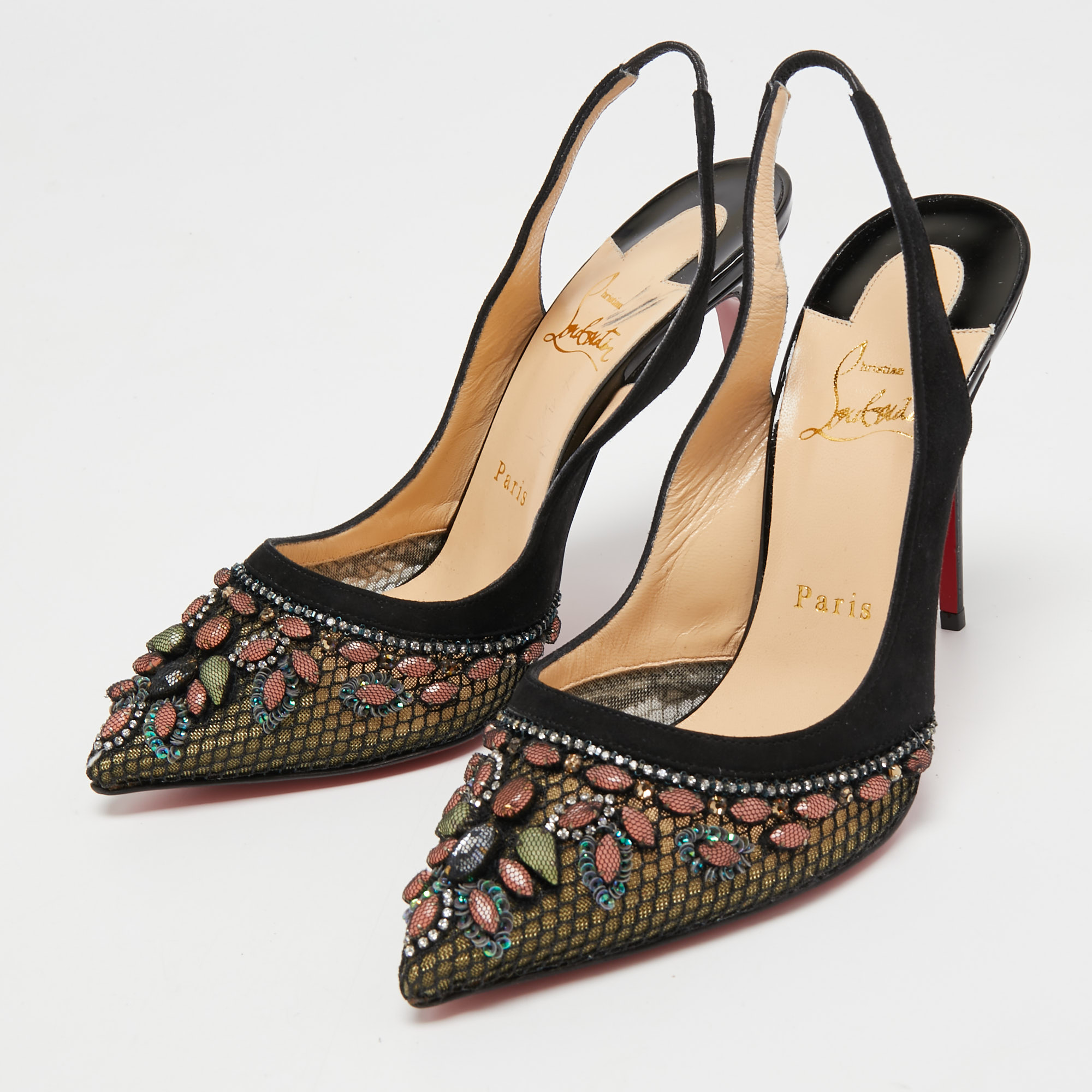 

Christian Louboutin Black Suede and Mesh Crystal Embellished Slingback Pumps Size