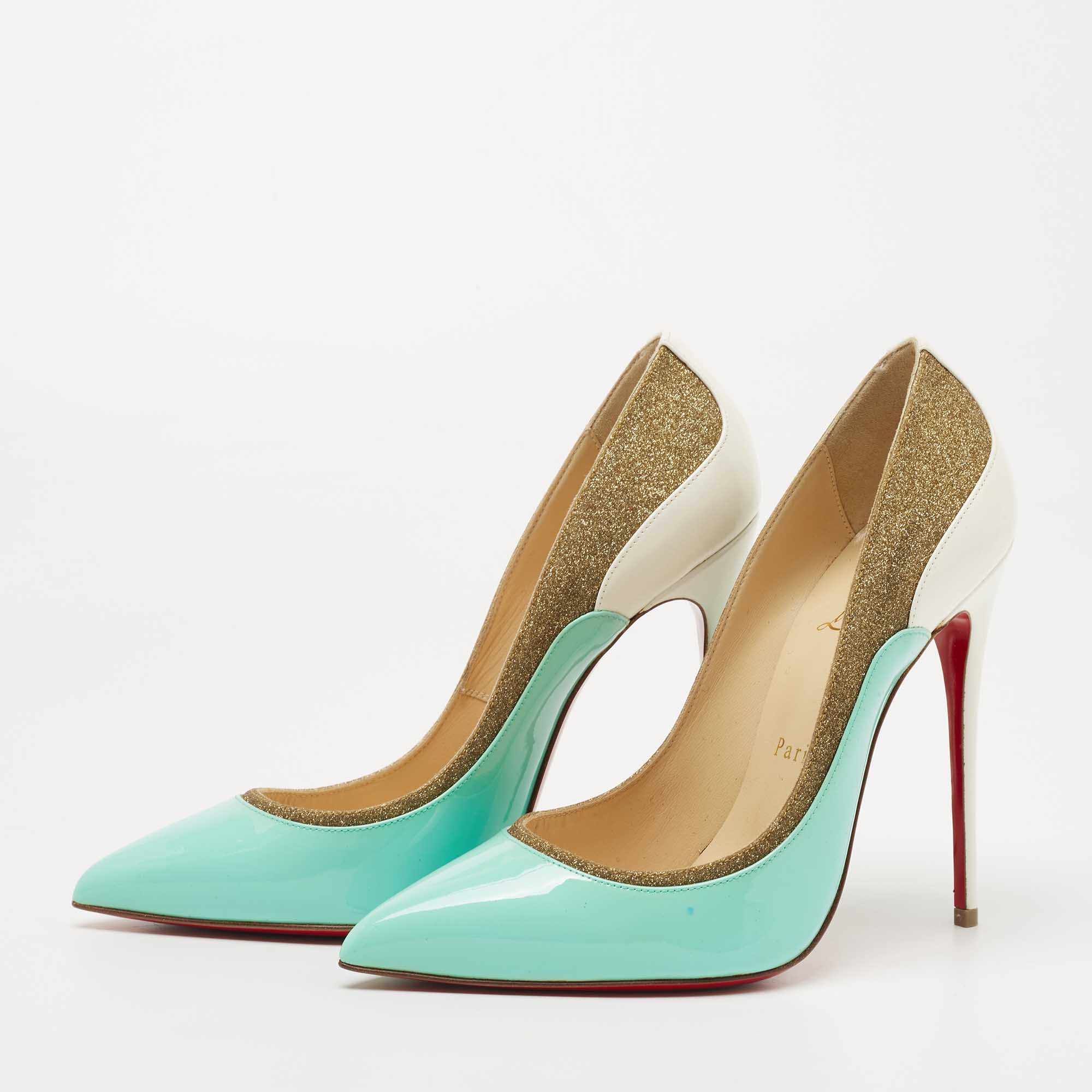 

Christian Louboutin Tricolor Glitter, Patent and Leather Tucsick Pumps Size, Gold