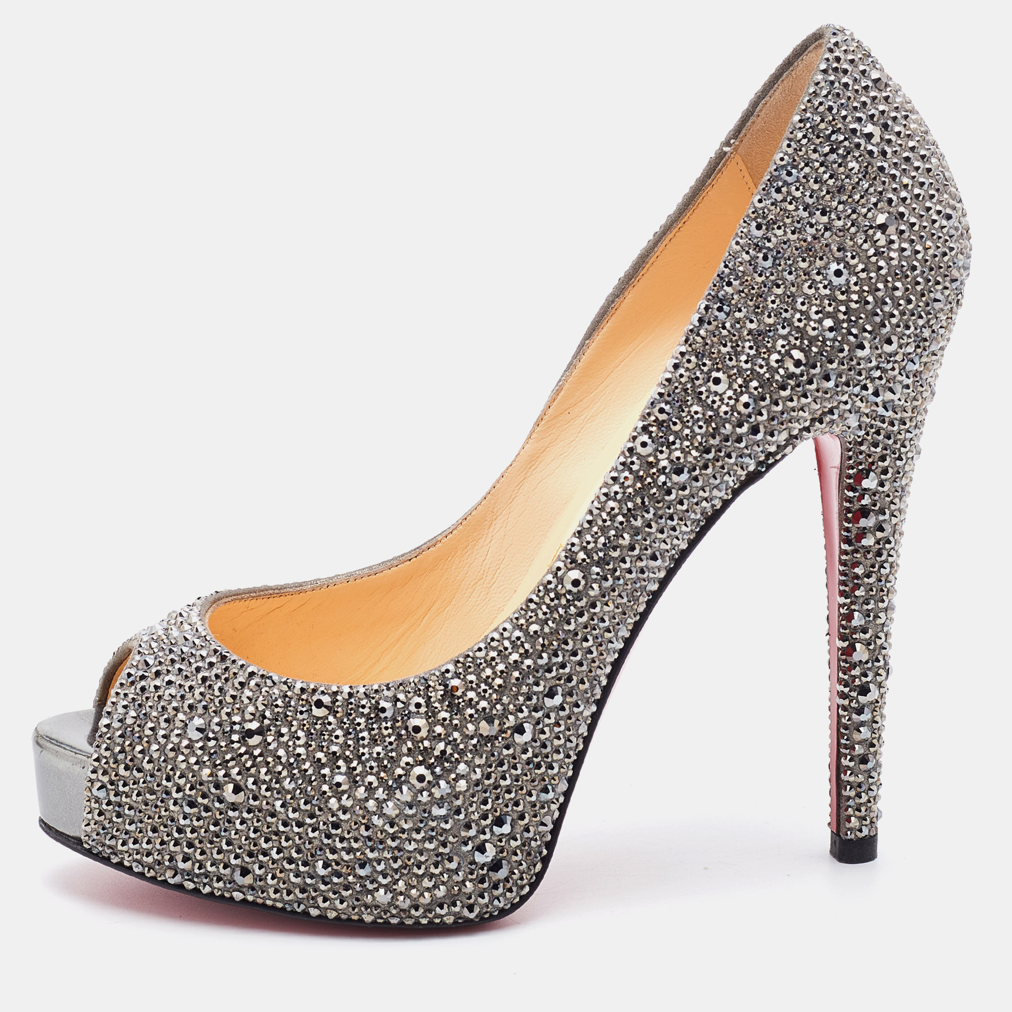 

Christian Louboutin Grey Suede Crystal Embellished Very Riche Peep Toe Pumps Size