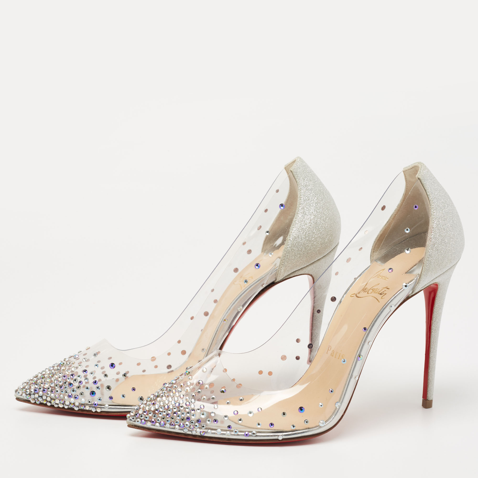 

Christian Louboutin Silver Glitter and PVC Degrastrass Pumps Size