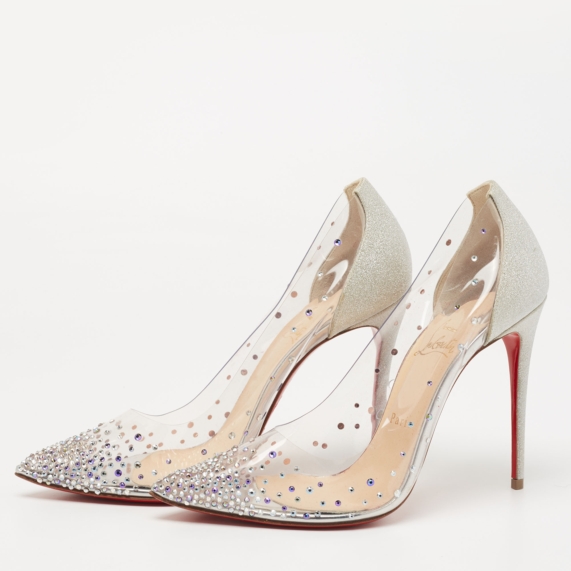 

Christian Louboutin Silver Glitter and PVC Degrastrass Pumps Size