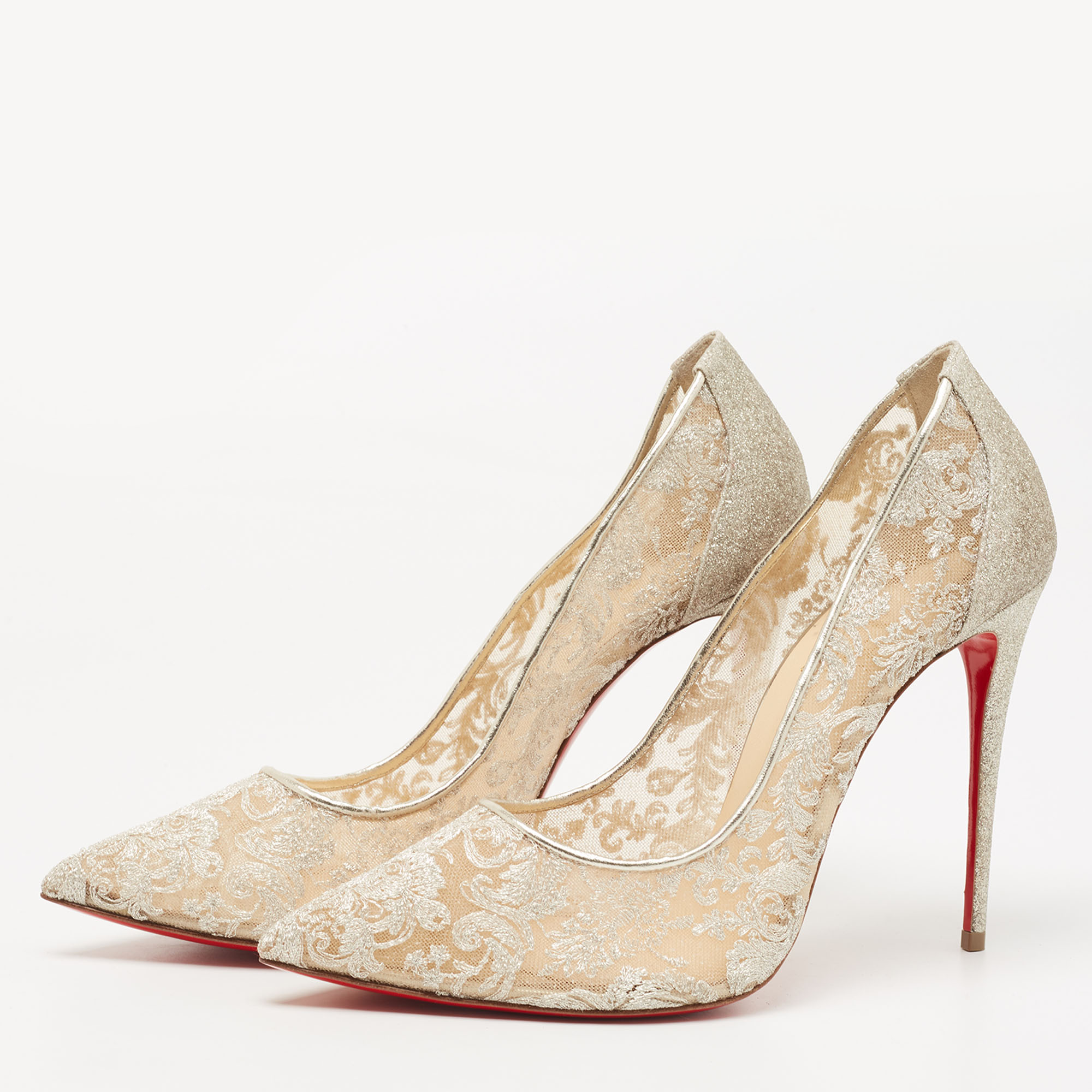 

Christian Louboutin Metallic Glitter and Follies Lace Pumps Size