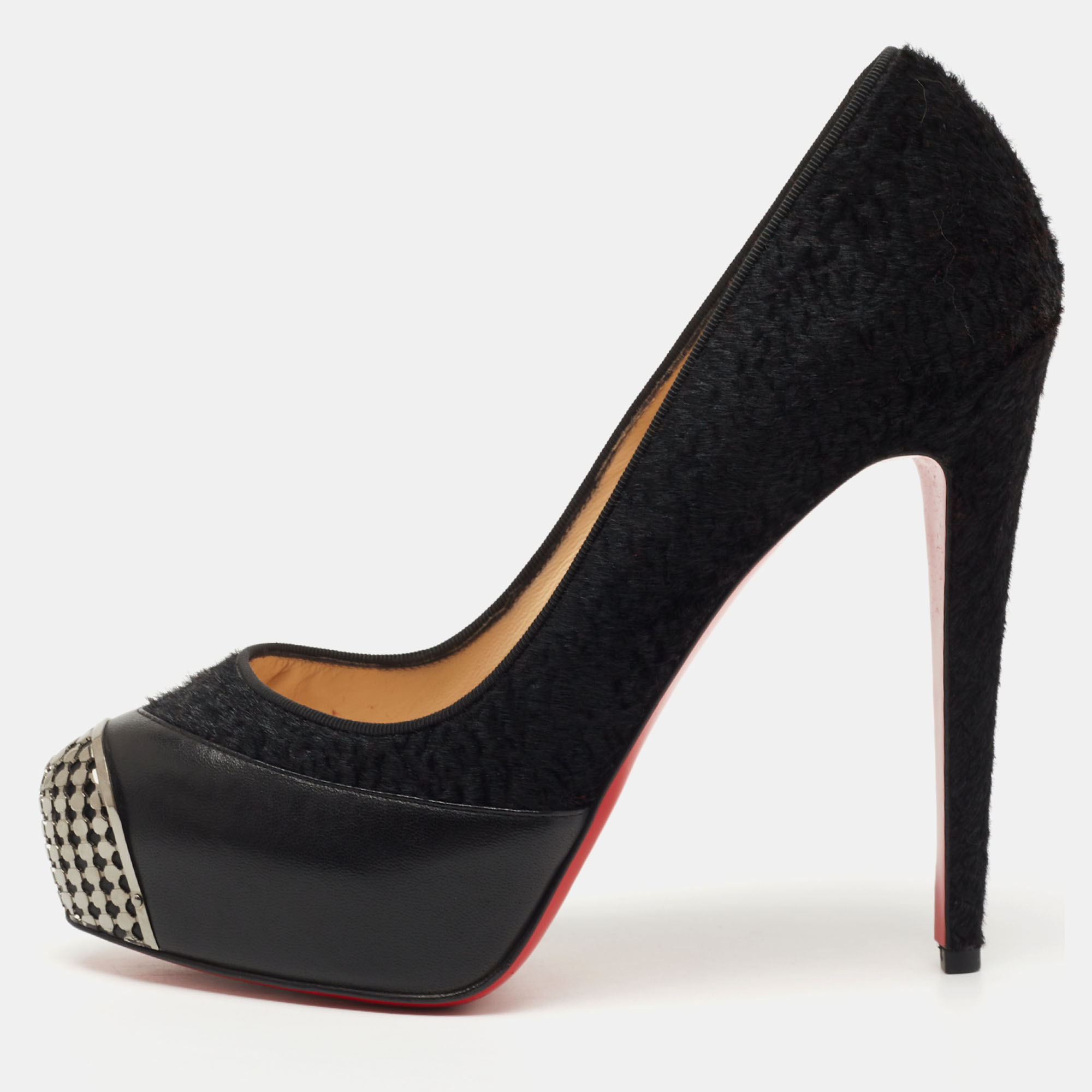 Pre-owned Christian Louboutin Black Calfhair And Leather Maggie Pumps Size 40