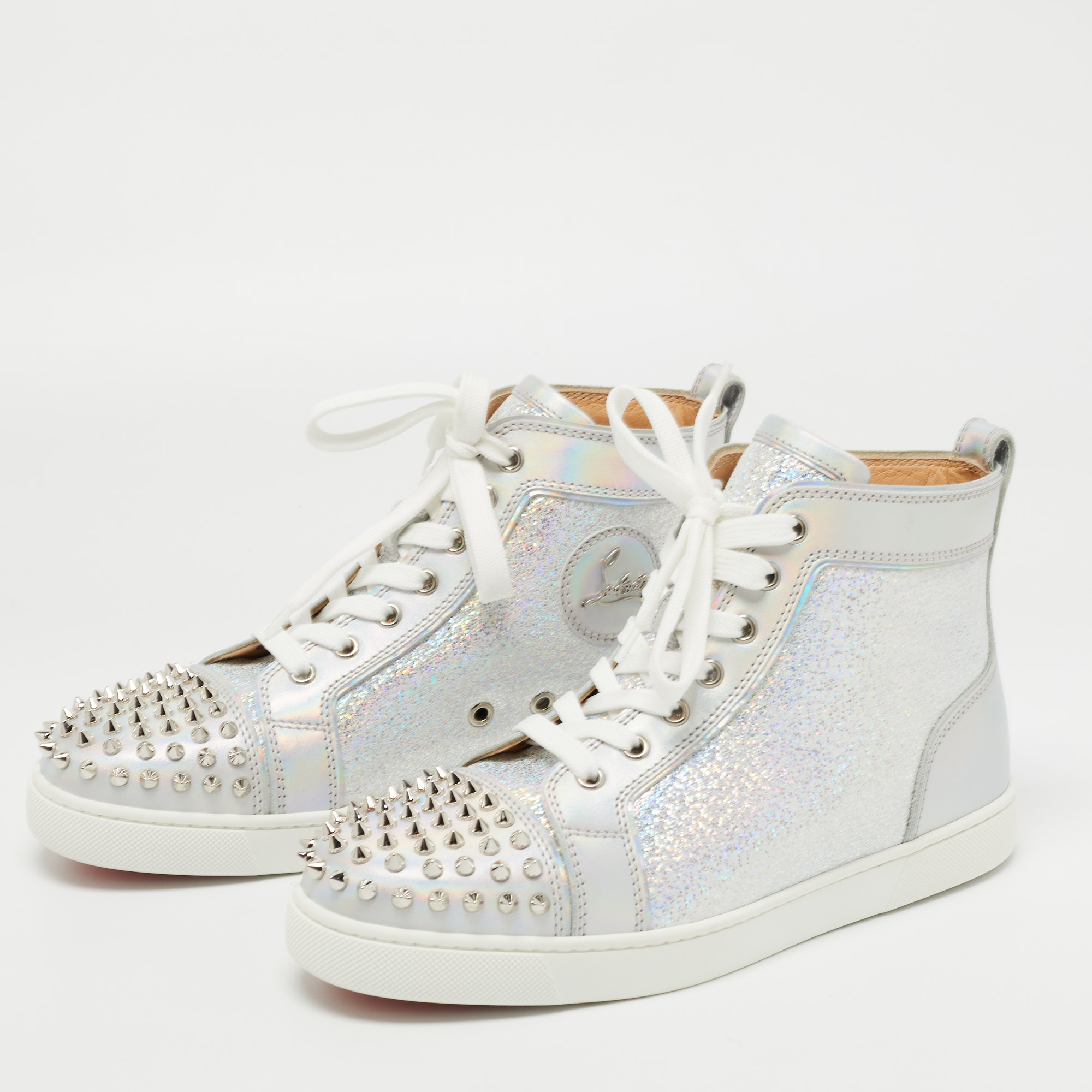 

Christian Louboutin Silver Laminated Suede and Leather Lou Spikes High Top Sneakers Size
