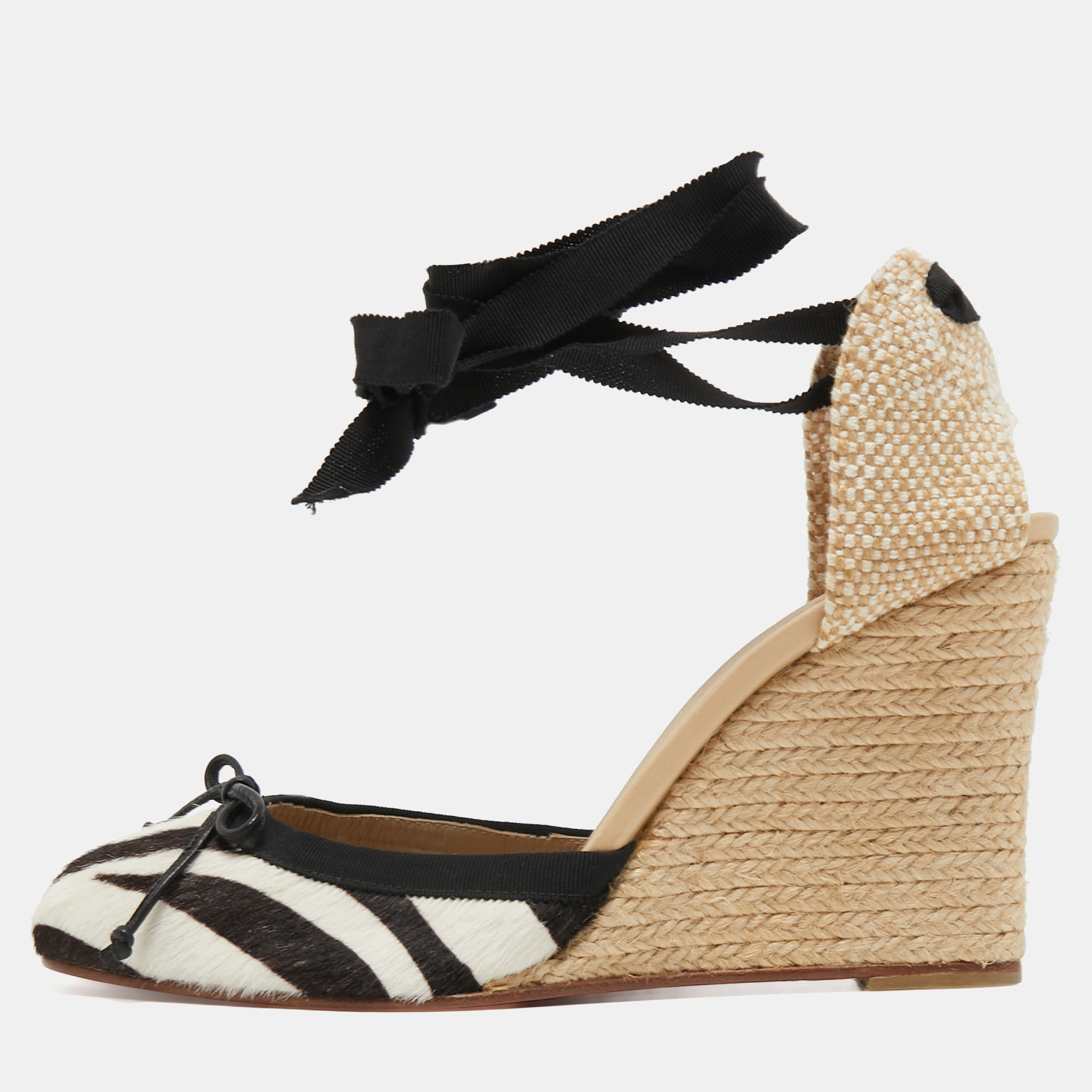 Pre-owned Christian Louboutin Tricolor Calf Hair And Woven Fabric Espadrille Wedge Pumps Size 41 In Black