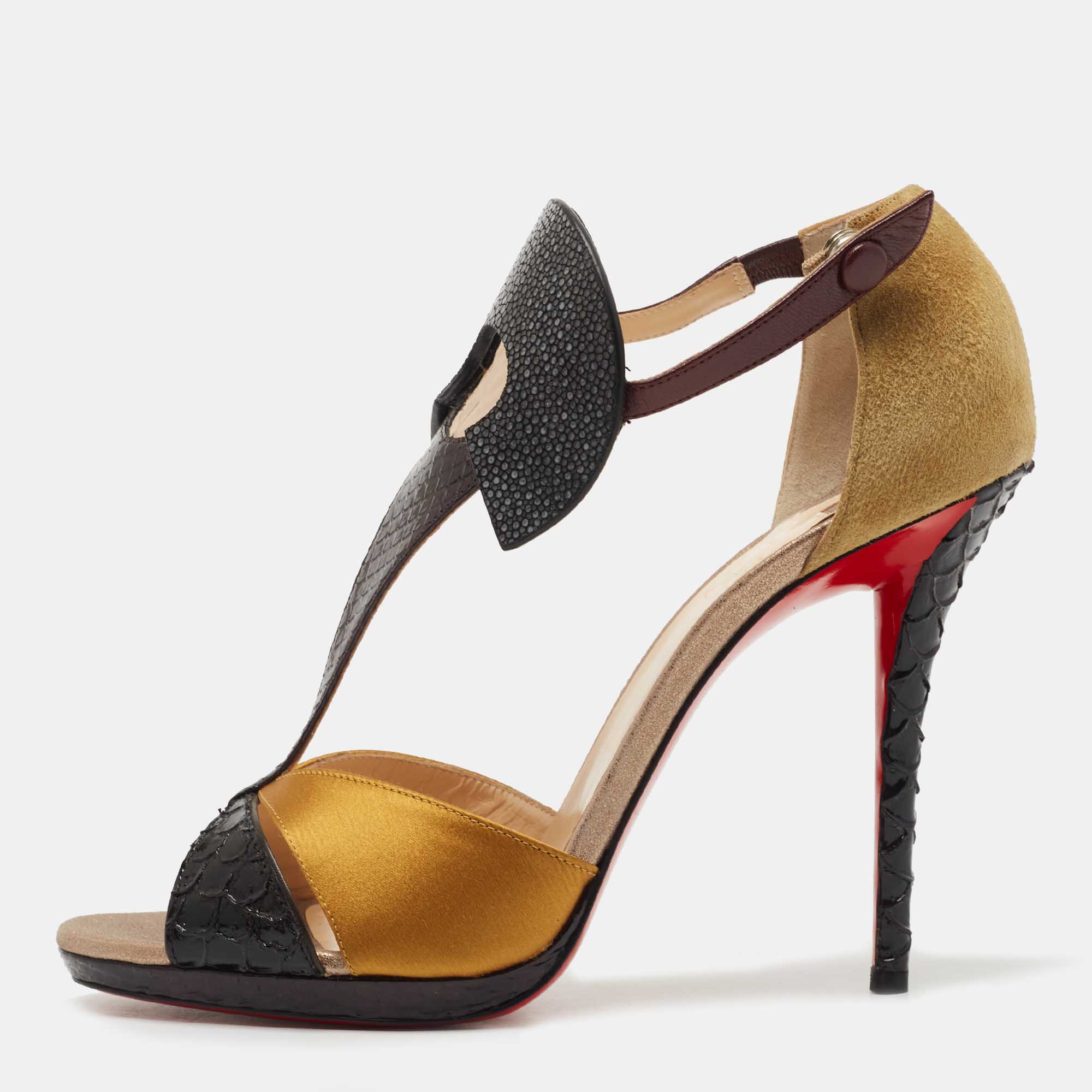 Pre-owned Christian Louboutin Black/yellow Python Embossed Leather Suede And Satin Aztec Sandals Size 41