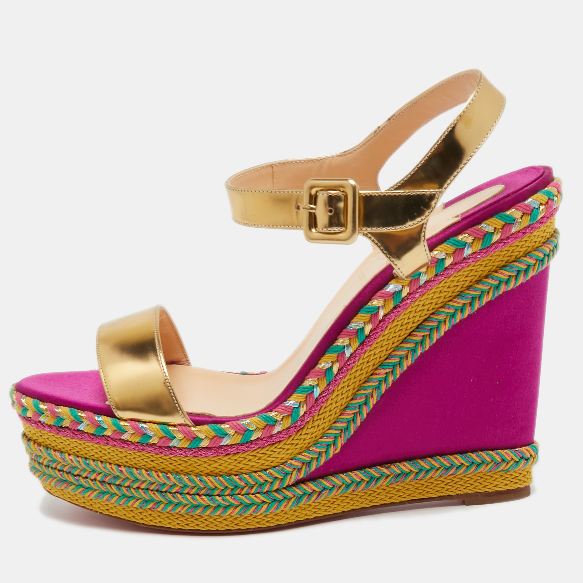 Pre-owned Christian Louboutin Multicolor Leather Espadrille Wedge Ankle Strap Sandals Size 41
