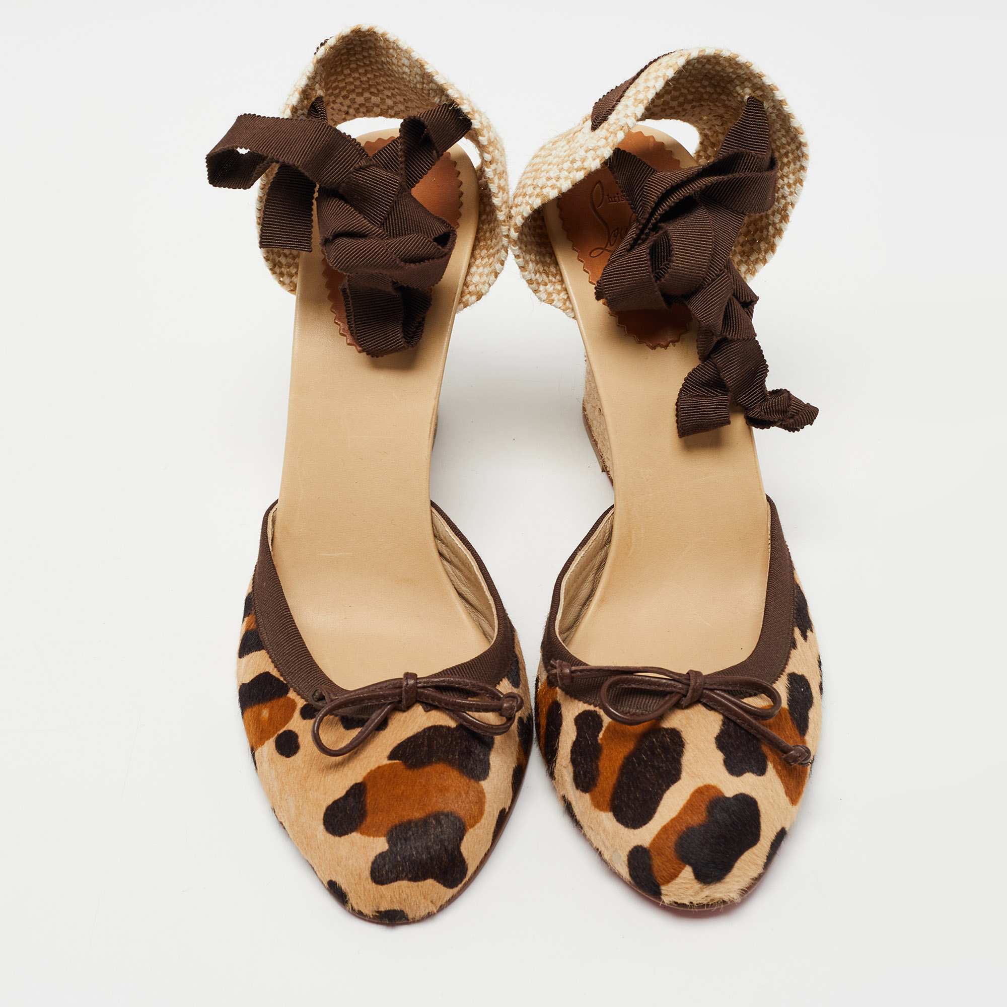 Christian Louboutin Two Tone Animal Print Calf Hair Espadrille Wedge Ankle Tie Pumps Size 41 