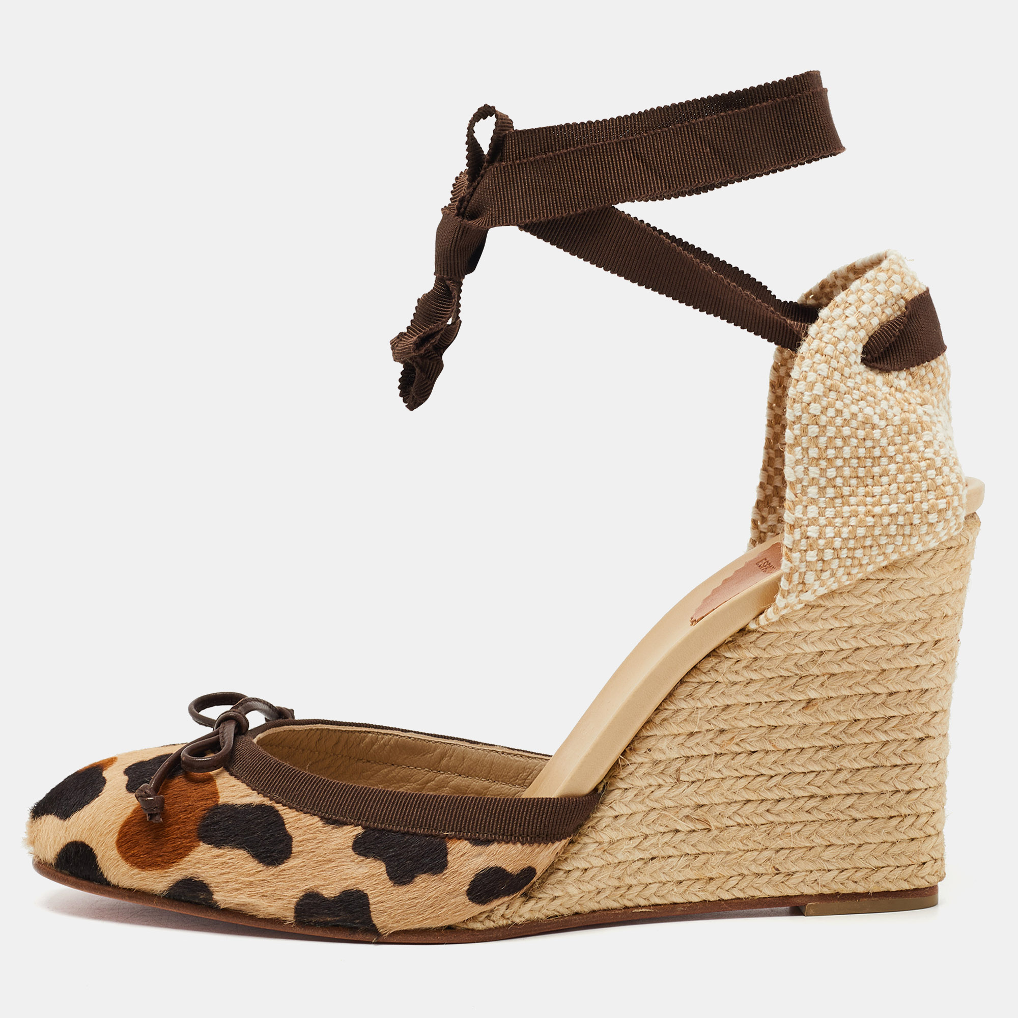 

Christian Louboutin Two Tone Animal Print Calf Hair Espadrille Wedge Ankle Tie Pumps Size, Brown