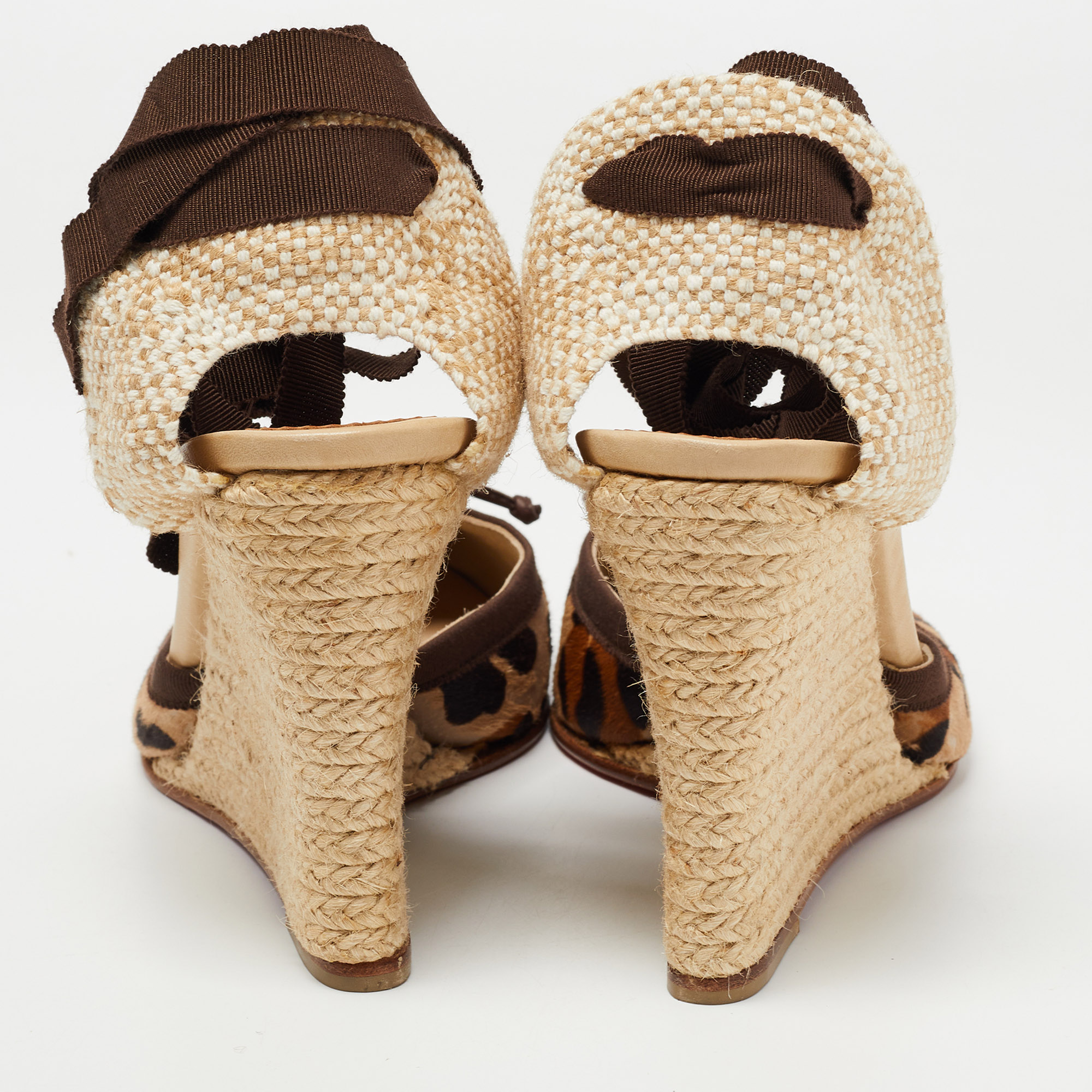 Christian Louboutin Two Tone Animal Print Calf Hair Espadrille Wedge Ankle Tie Pumps Size 41 