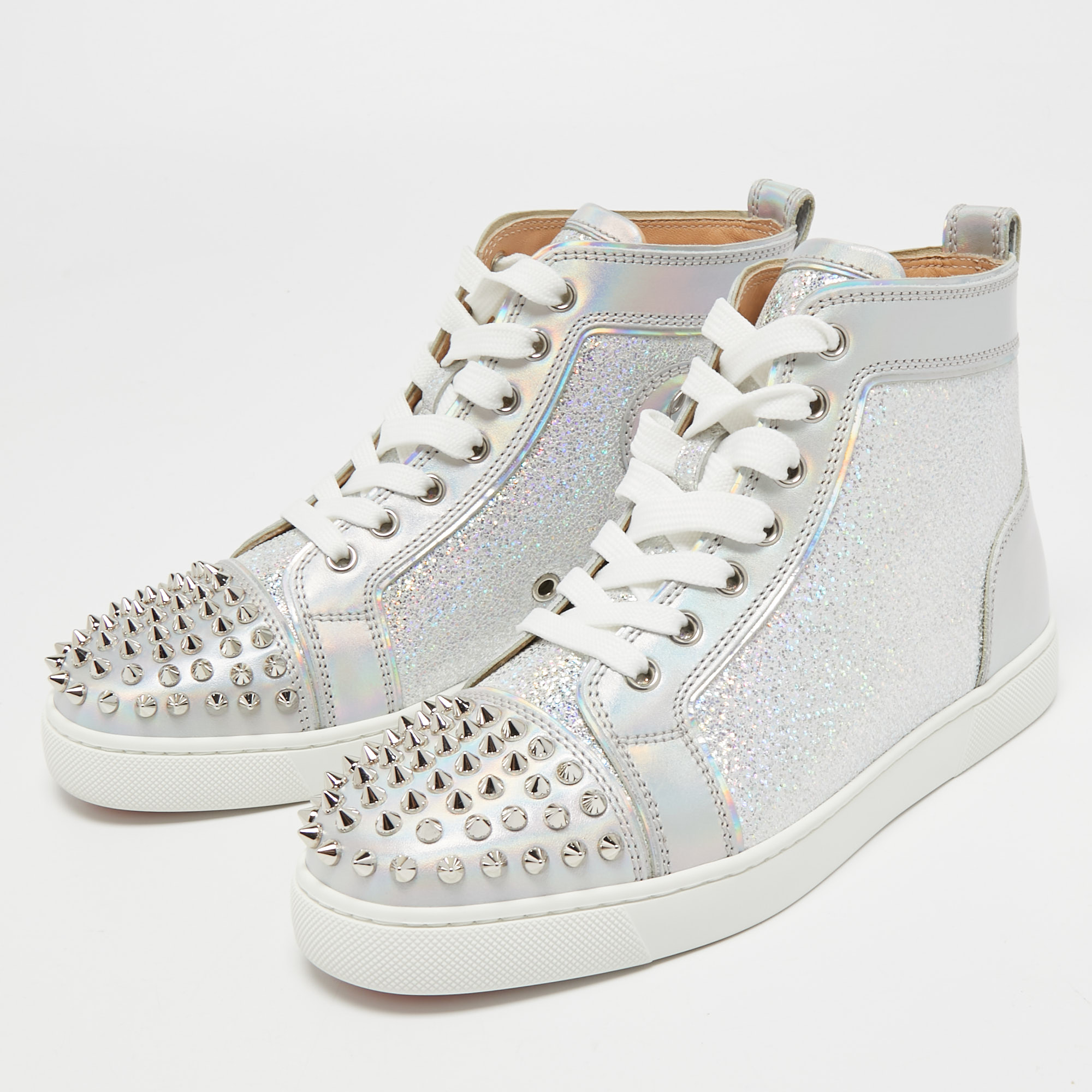 

Christian Louboutin Silver Leather Lou Spikes High Top Sneakers Size