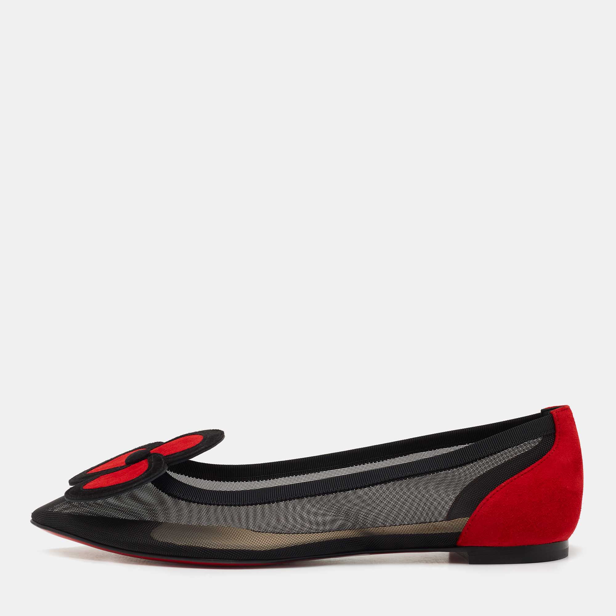 Pre-owned Christian Louboutin Black/red Suede And Mesh Pansy Ballet Flats Size 38