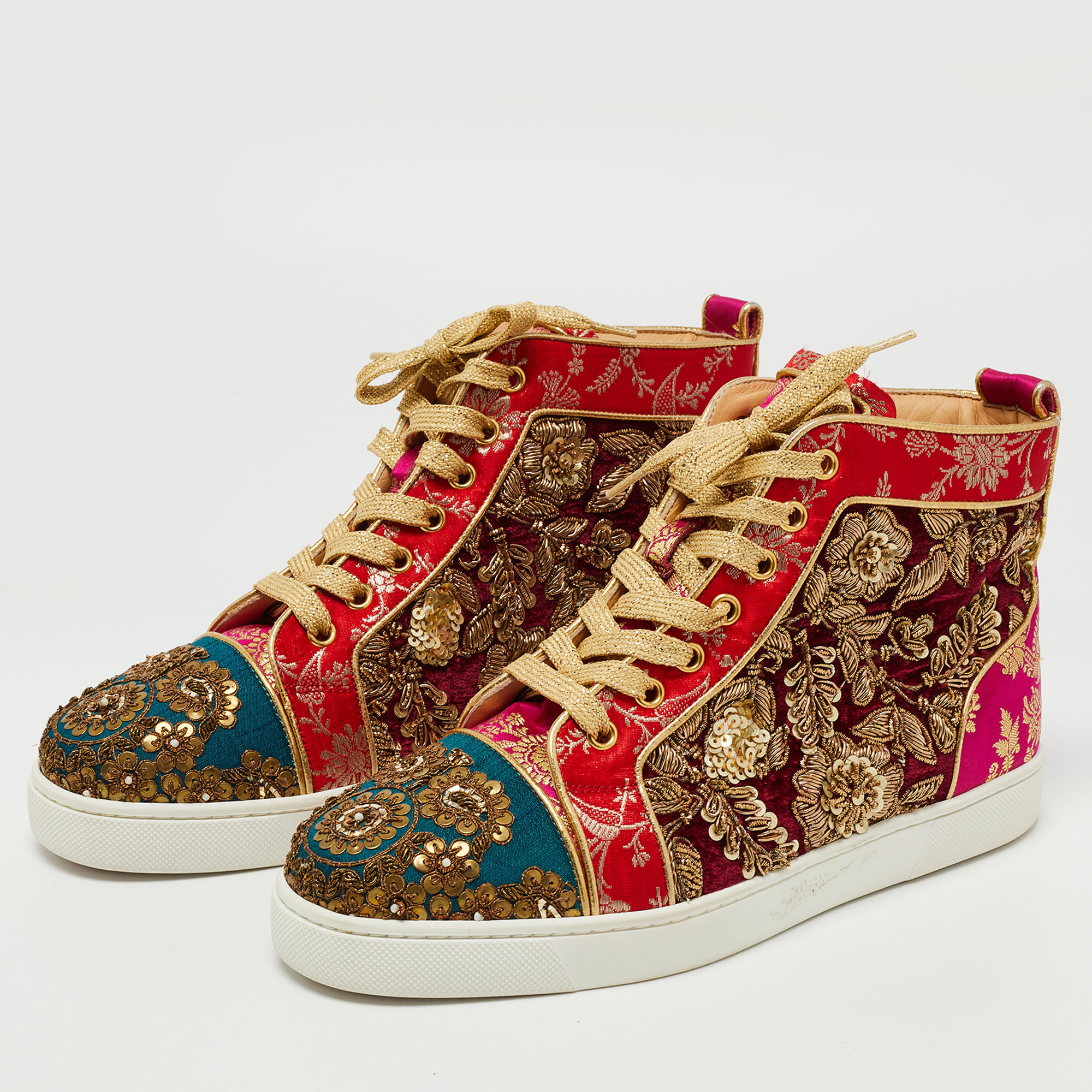 

Christian Louboutin x Sabyasachi Mukherjee Multicolor Embroidered Velvet and Jacquard Fabric Hi Top Sneakers Size