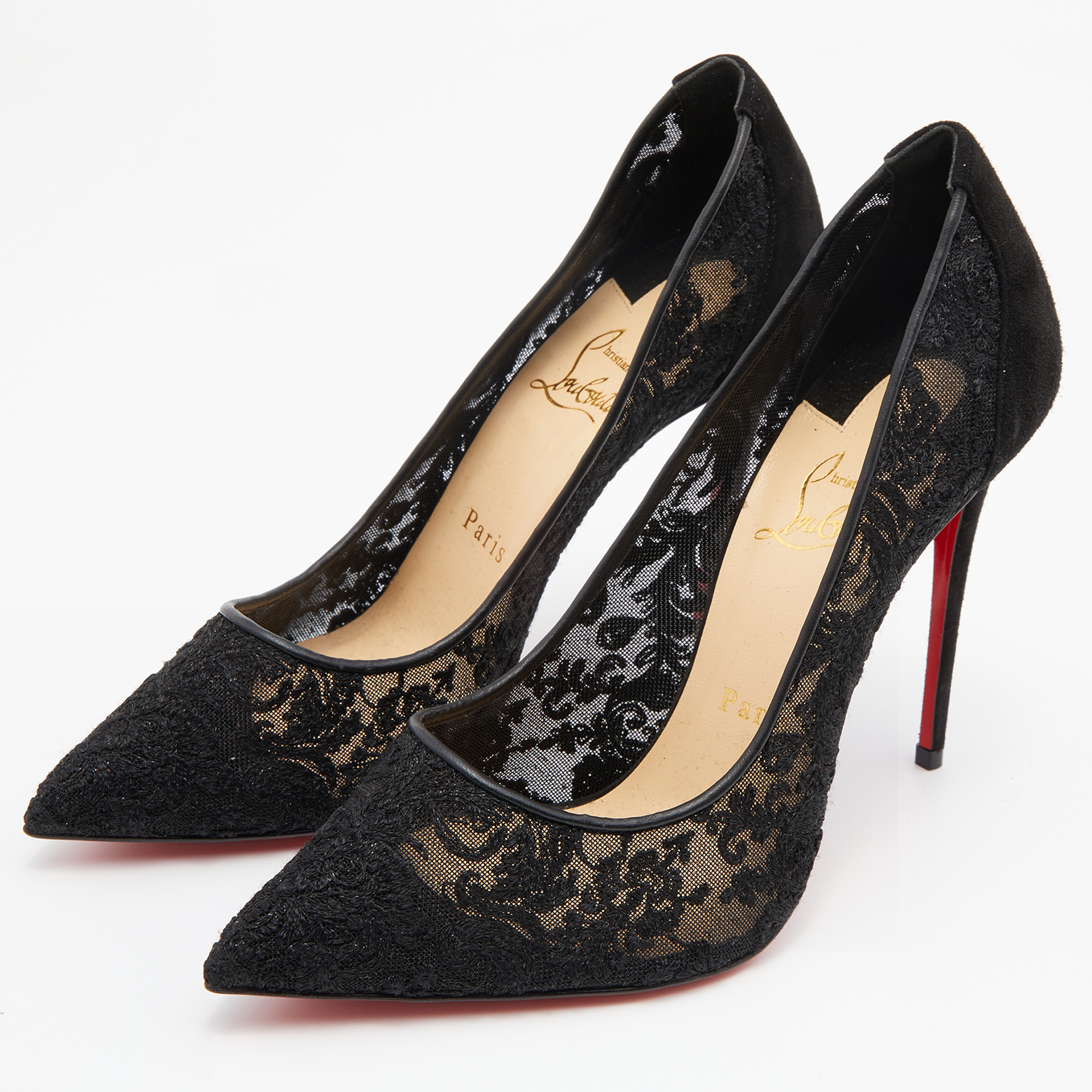 

Christian Louboutin Black Suede and Lace Follies Pointed Toe Pumps Size