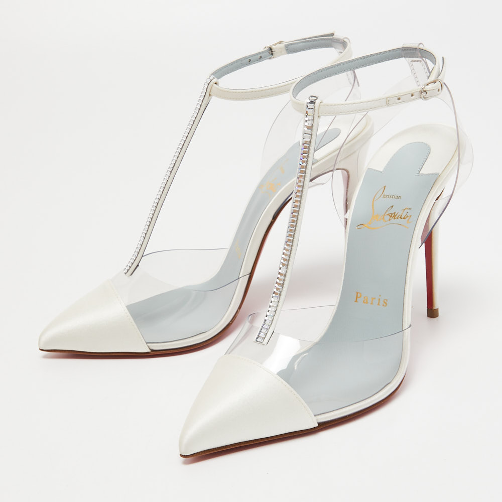 

Christian Louboutin White Satin and PVC Nosy Strass T-Strap Pumps Size