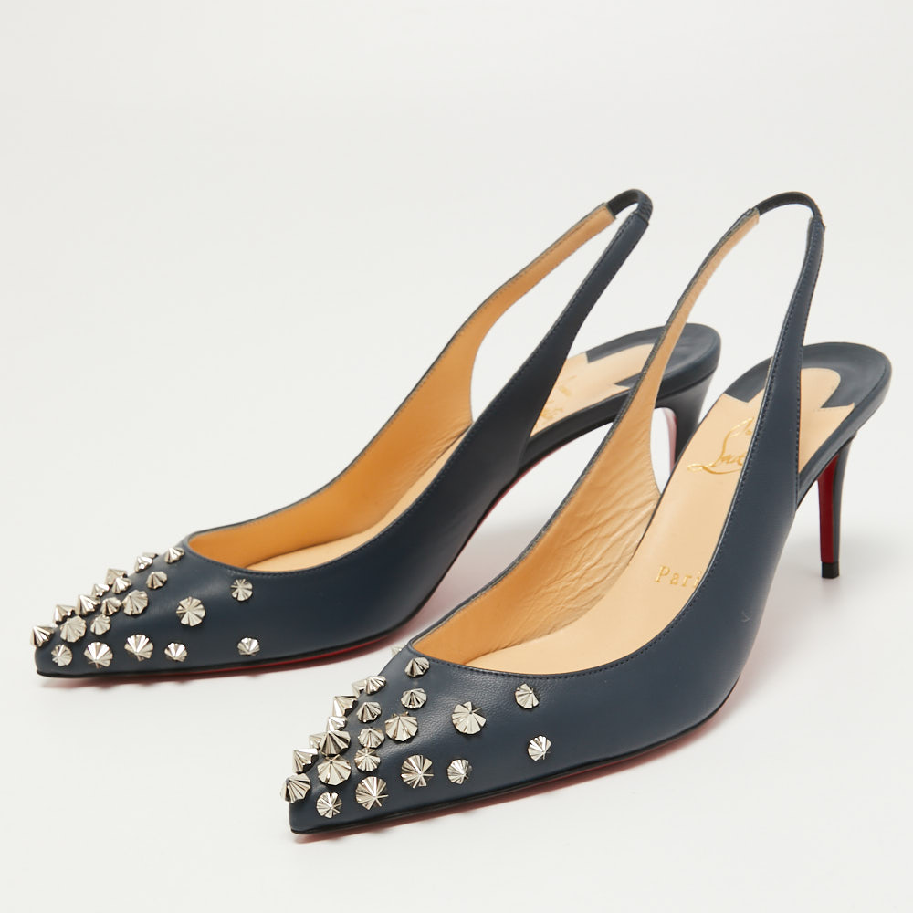 

Christian Louboutin Blue Leather Drama Spikes Slingback Pumps Size