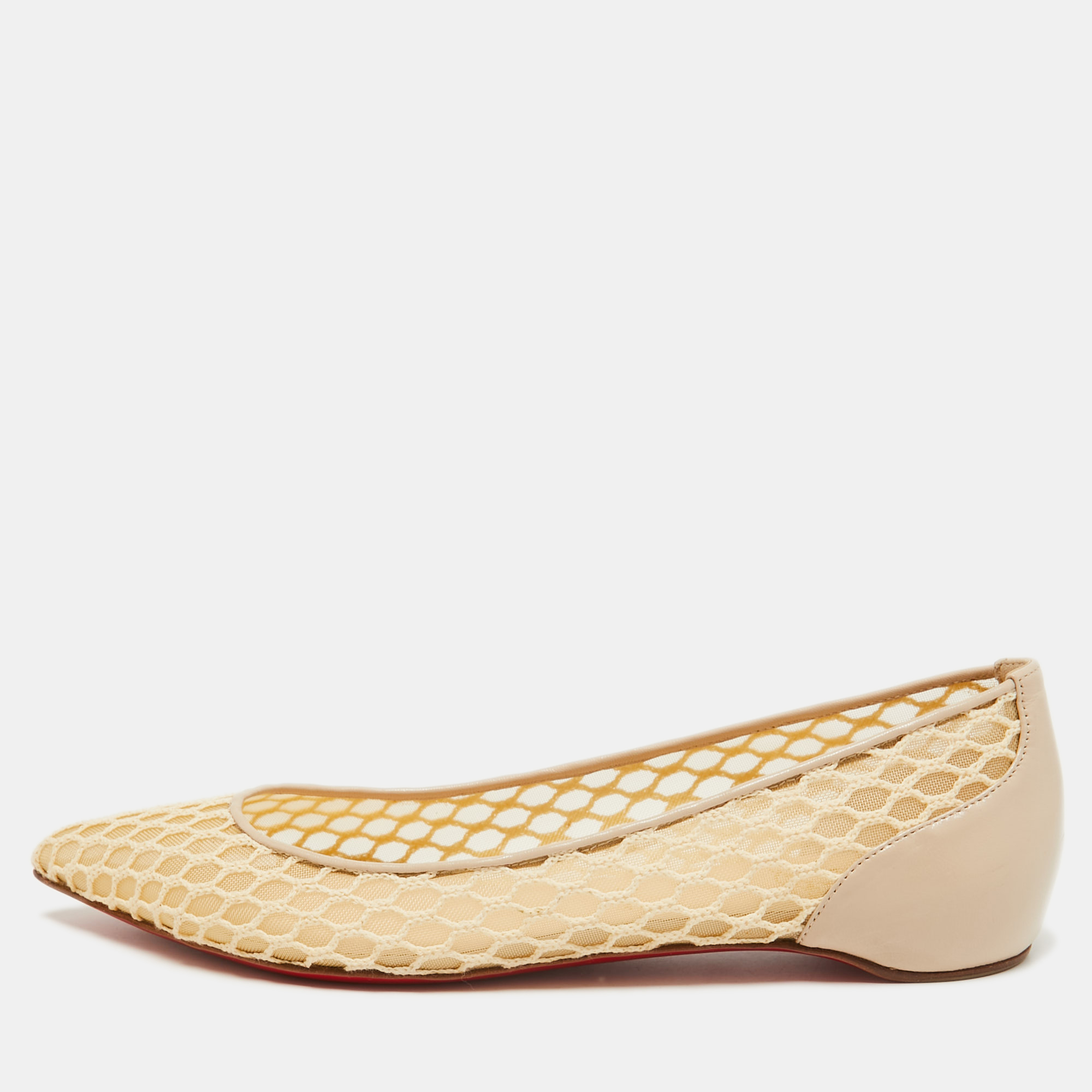 Pre Owned Christian Louboutin Beige Leather and Mesh Pigaresille Ballet Flats Size 39