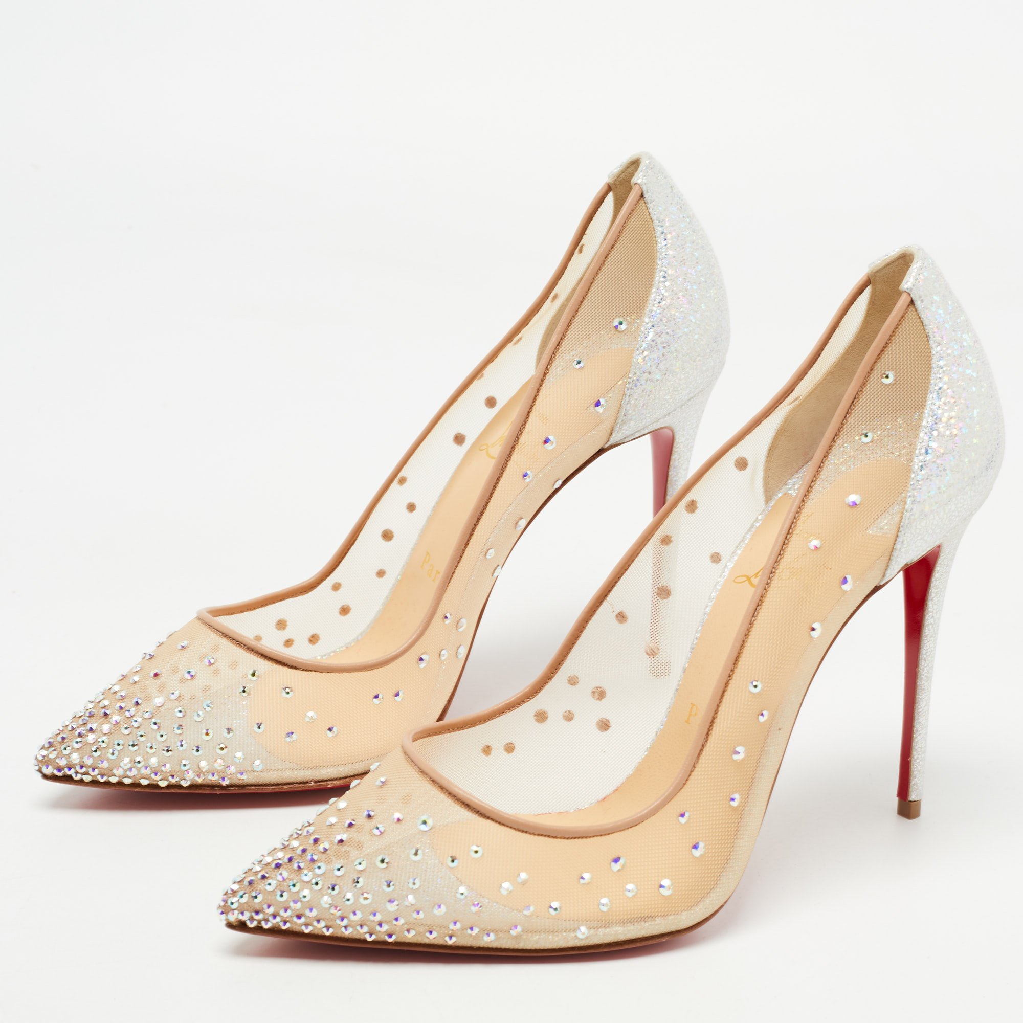 

Christian Louboutin Beige/Silver Mesh and Glitter Suede Follies Strass Pumps Size