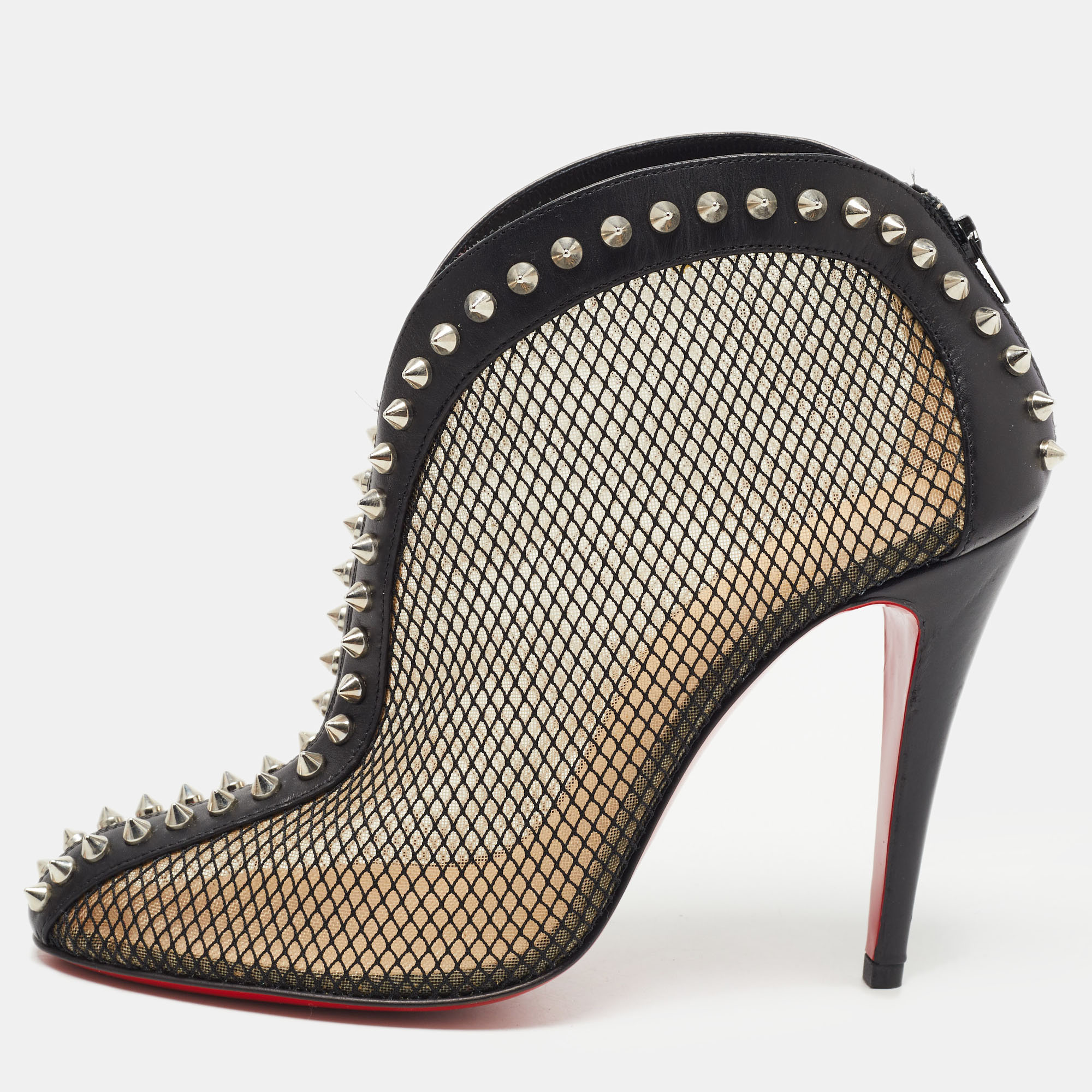 Pre-owned Christian Louboutin Black Mesh And Leather Bourriche Ankle Booties Size 38