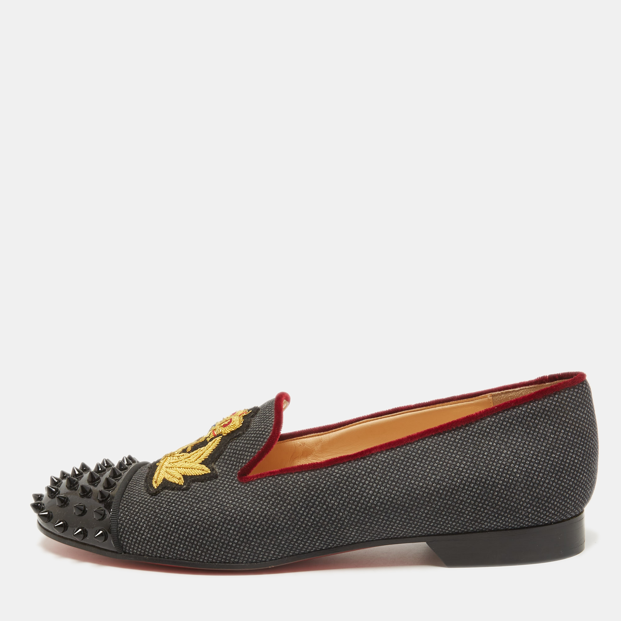 Pre-owned Christian Louboutin Grey/black Spiked Patent Leather And Fabric Harvanana Smoking Slippers Size 41