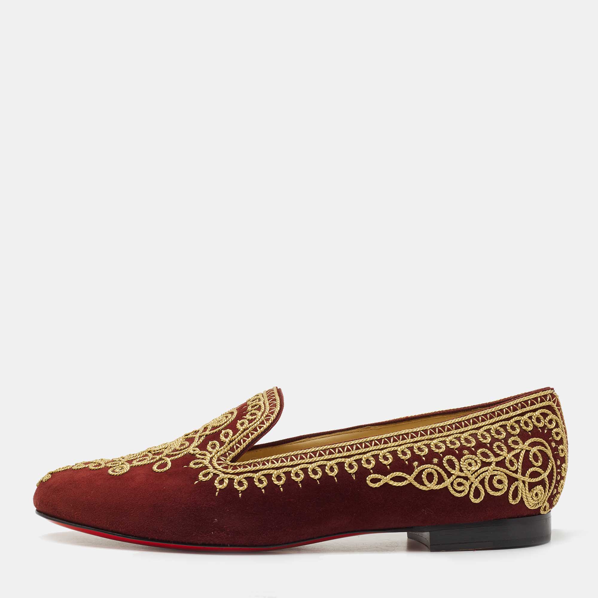 Pre-owned Christian Louboutin Burgundy Embroidered Suede Mamounia Smoking Slippers Size 40.5