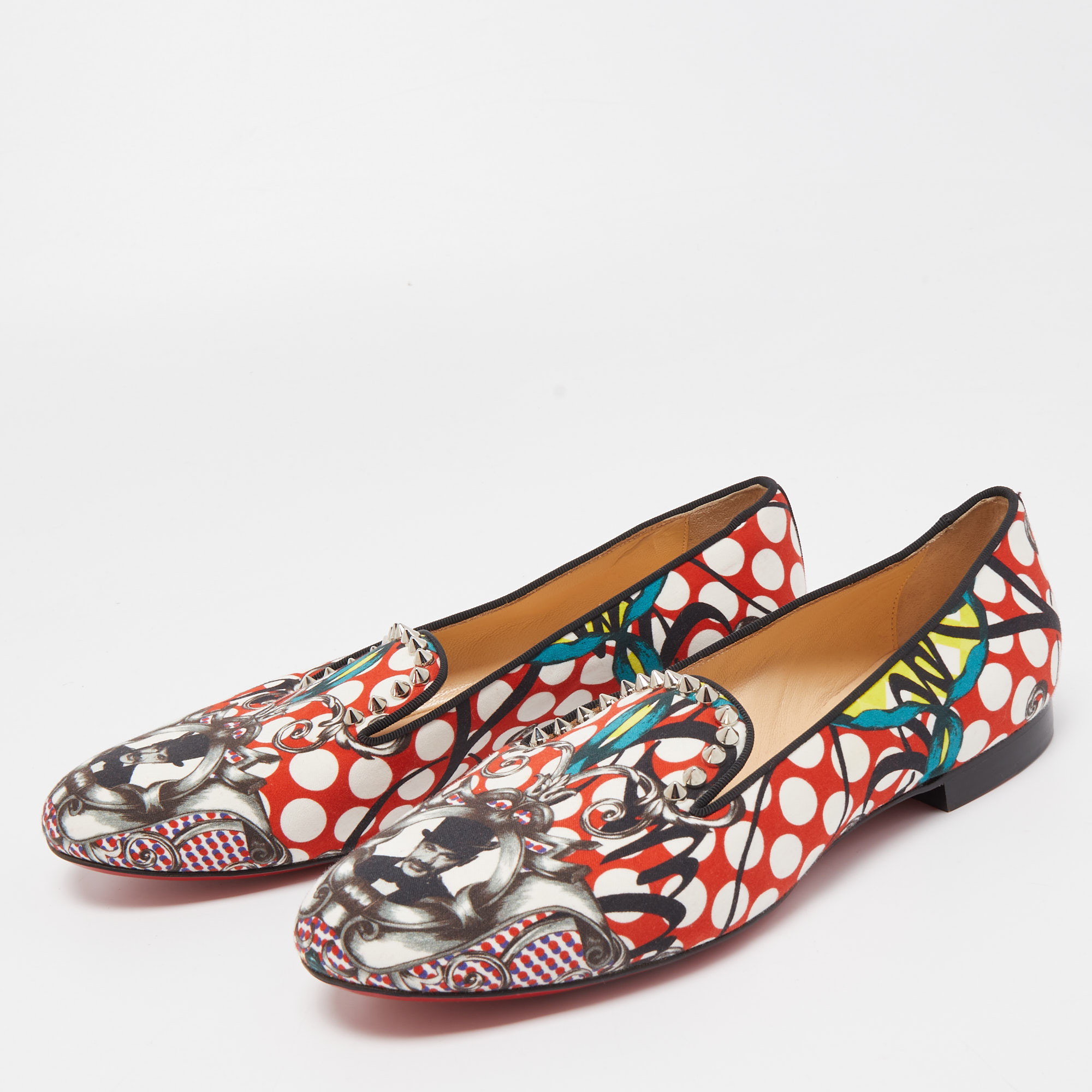

Christian Louboutin Multicolor Printed Fabric Sakouette Spiked Smoking Slippers Size