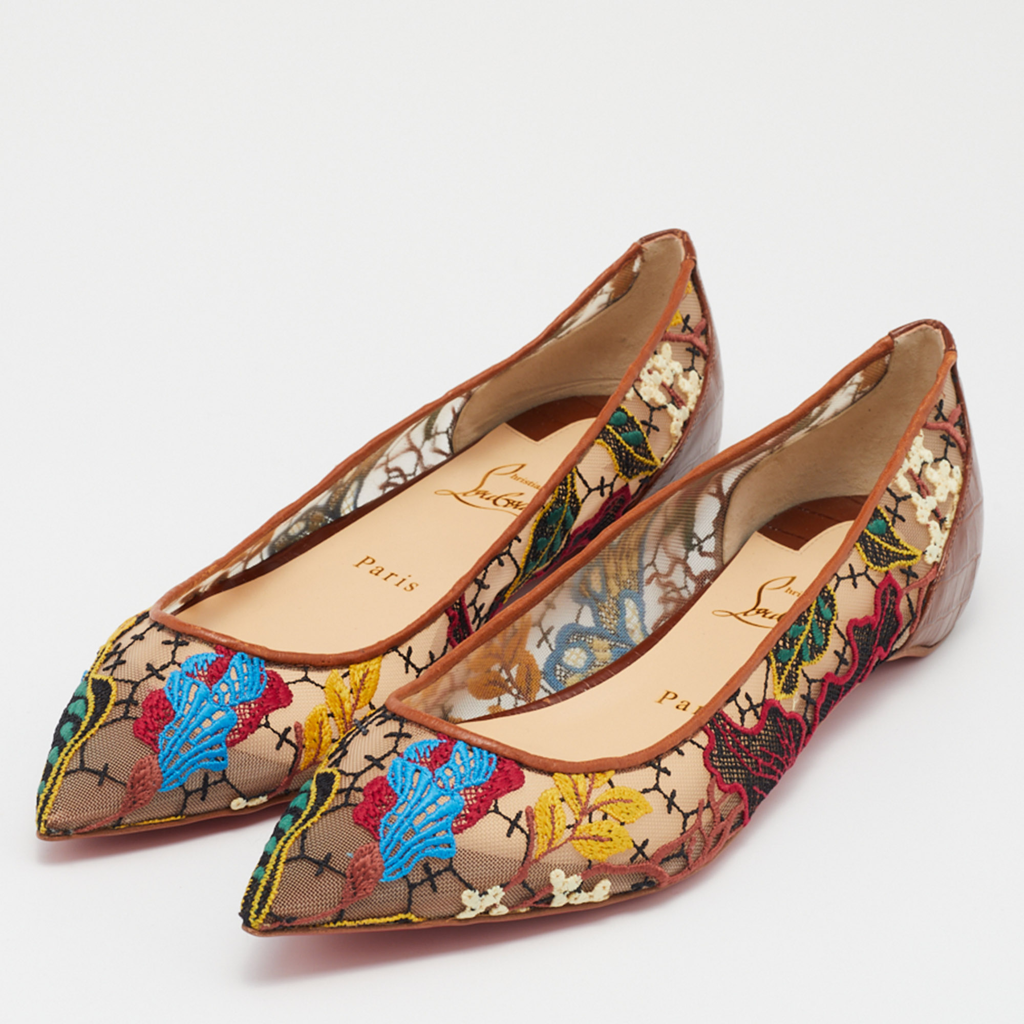 

Christian Louboutin Multicolor Embroidered Mesh and Croc Embossed Leather Follies Ballet Flats Size